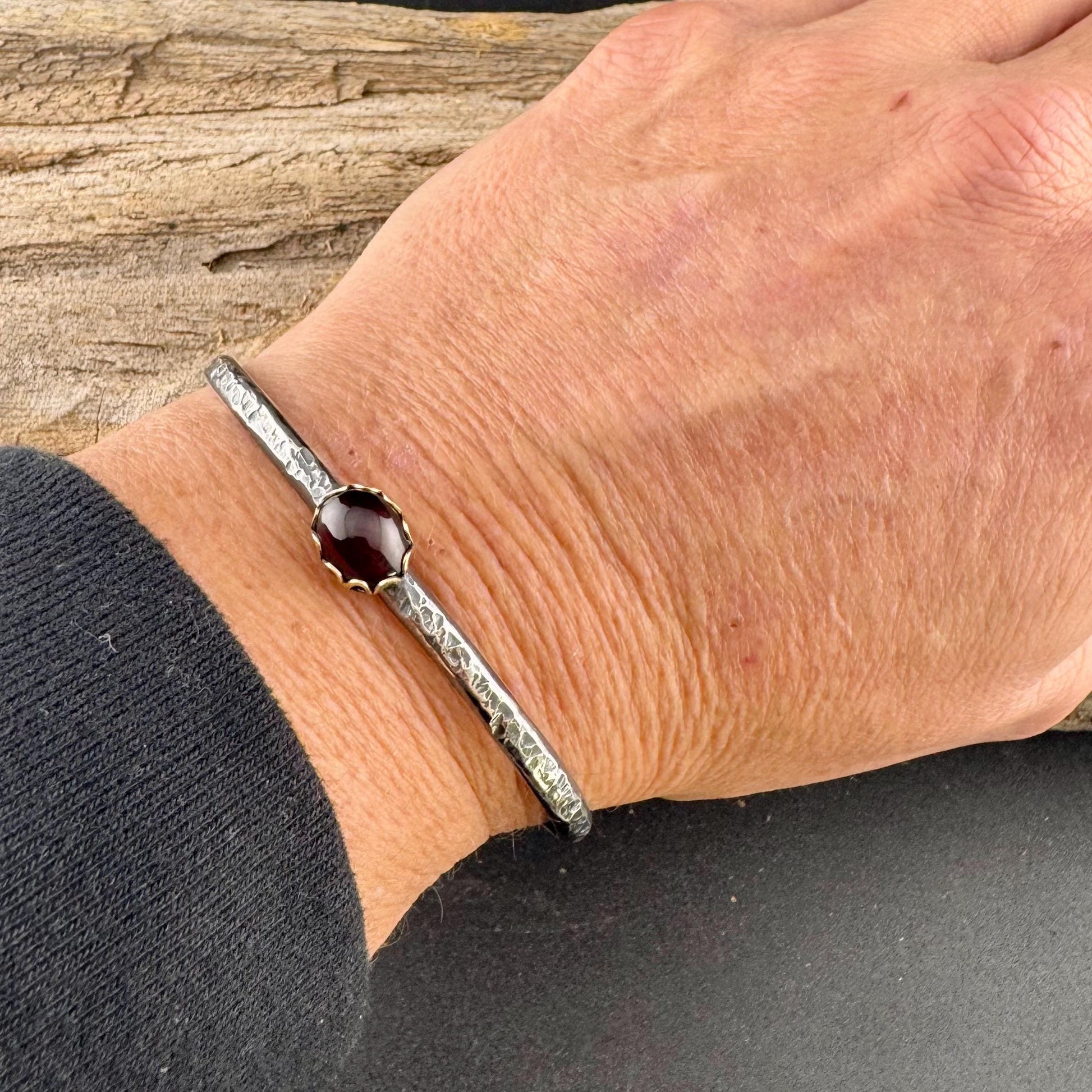 Unique Mixed Metal Garnet Cuff – Adjustable Handcrafted Sterling Silver Bracelet