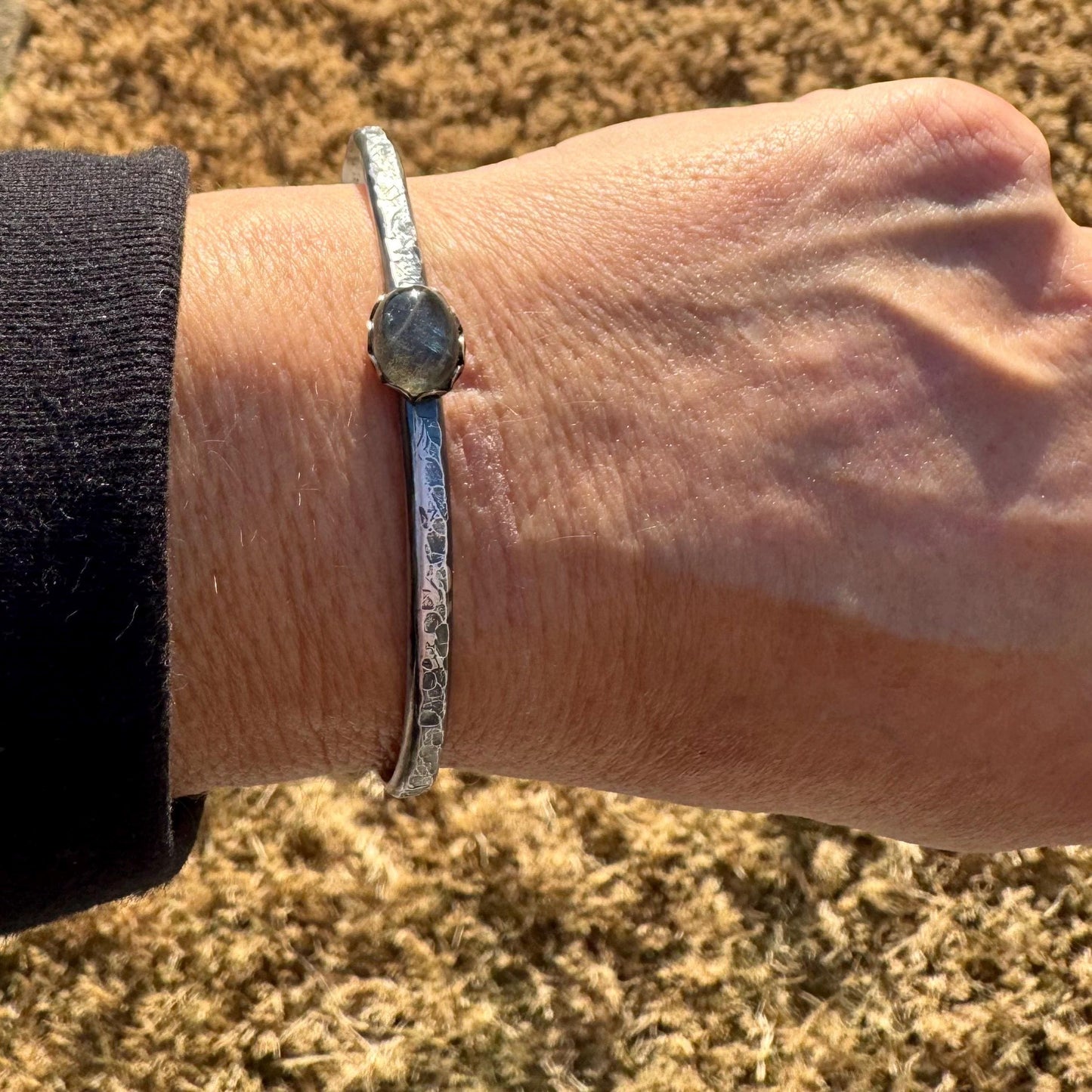 Sterling Silver Mixed Metal Cuff Bracelet – Handcrafted Adjustable Purple Labradorite Cabochon
