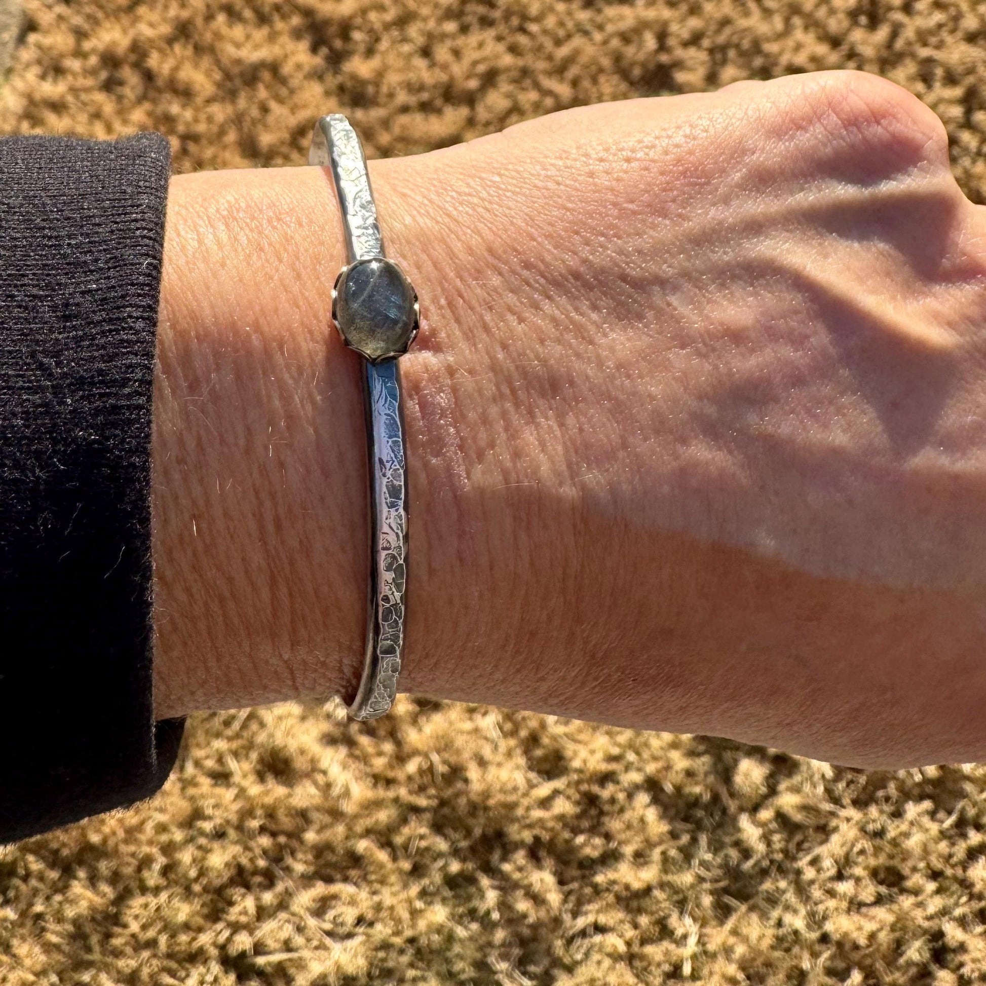 Sterling Silver Mixed Metal Cuff Bracelet – Handcrafted Adjustable Purple Labradorite Cabochon