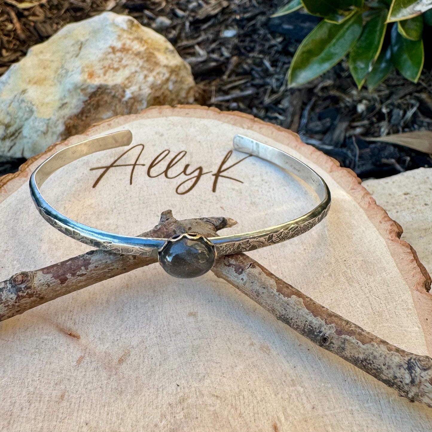 Sterling Silver Mixed Metal Cuff Bracelet – Handcrafted Adjustable Purple Labradorite Cabochon