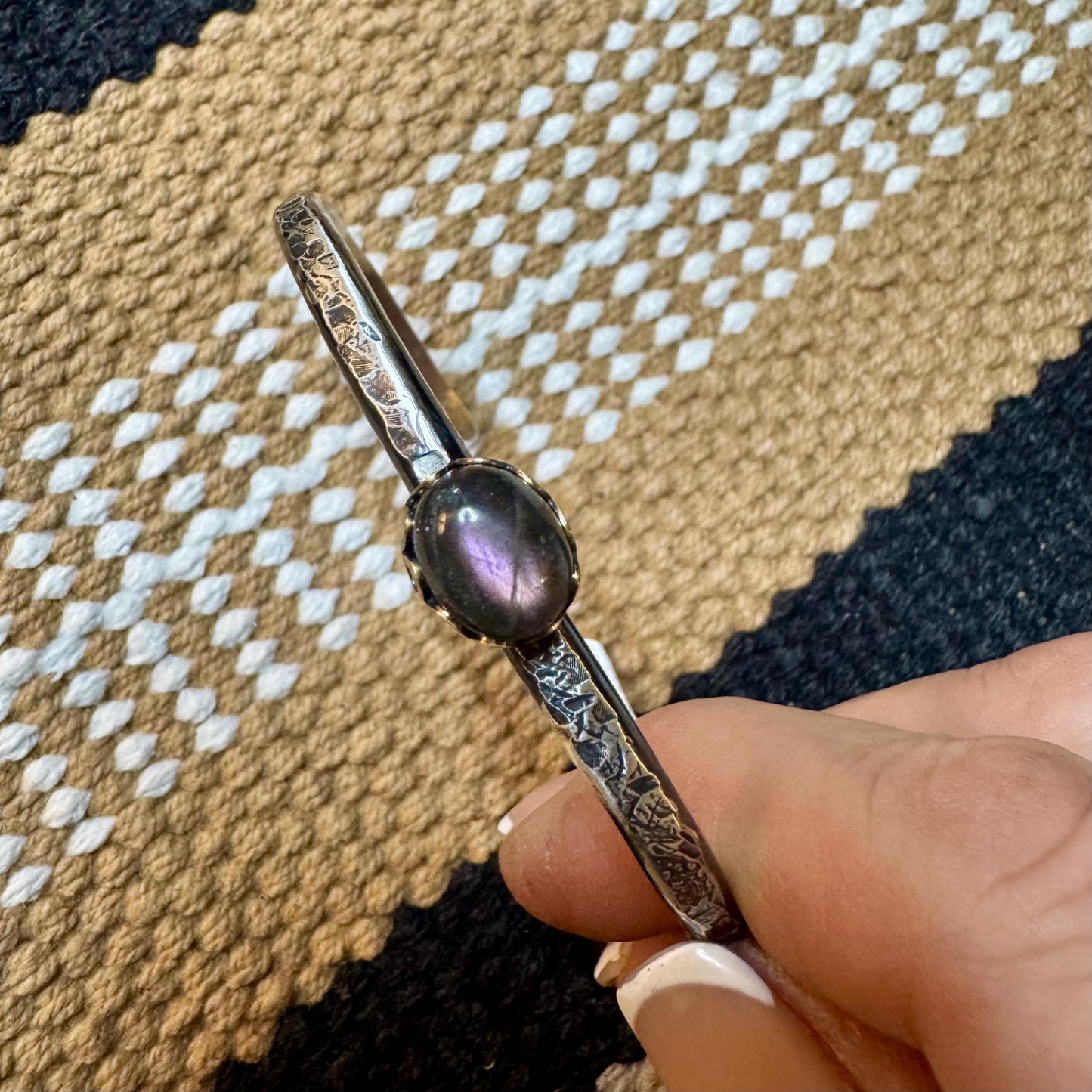 Sterling Silver Mixed Metal Cuff Bracelet – Handcrafted Adjustable Purple Labradorite Cabochon