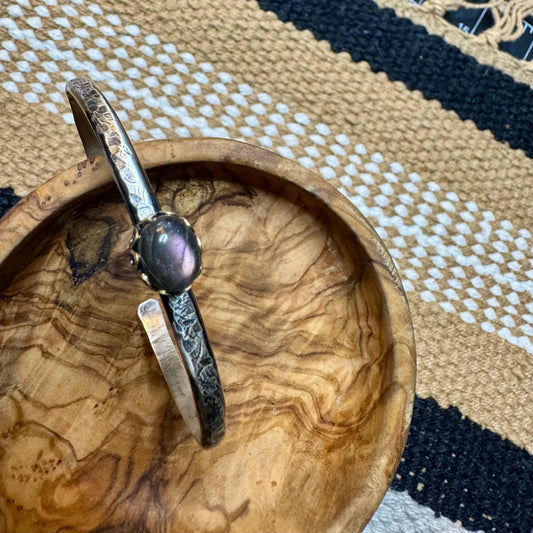 Sterling Silver Mixed Metal Cuff Bracelet – Handcrafted Adjustable Purple Labradorite Cabochon