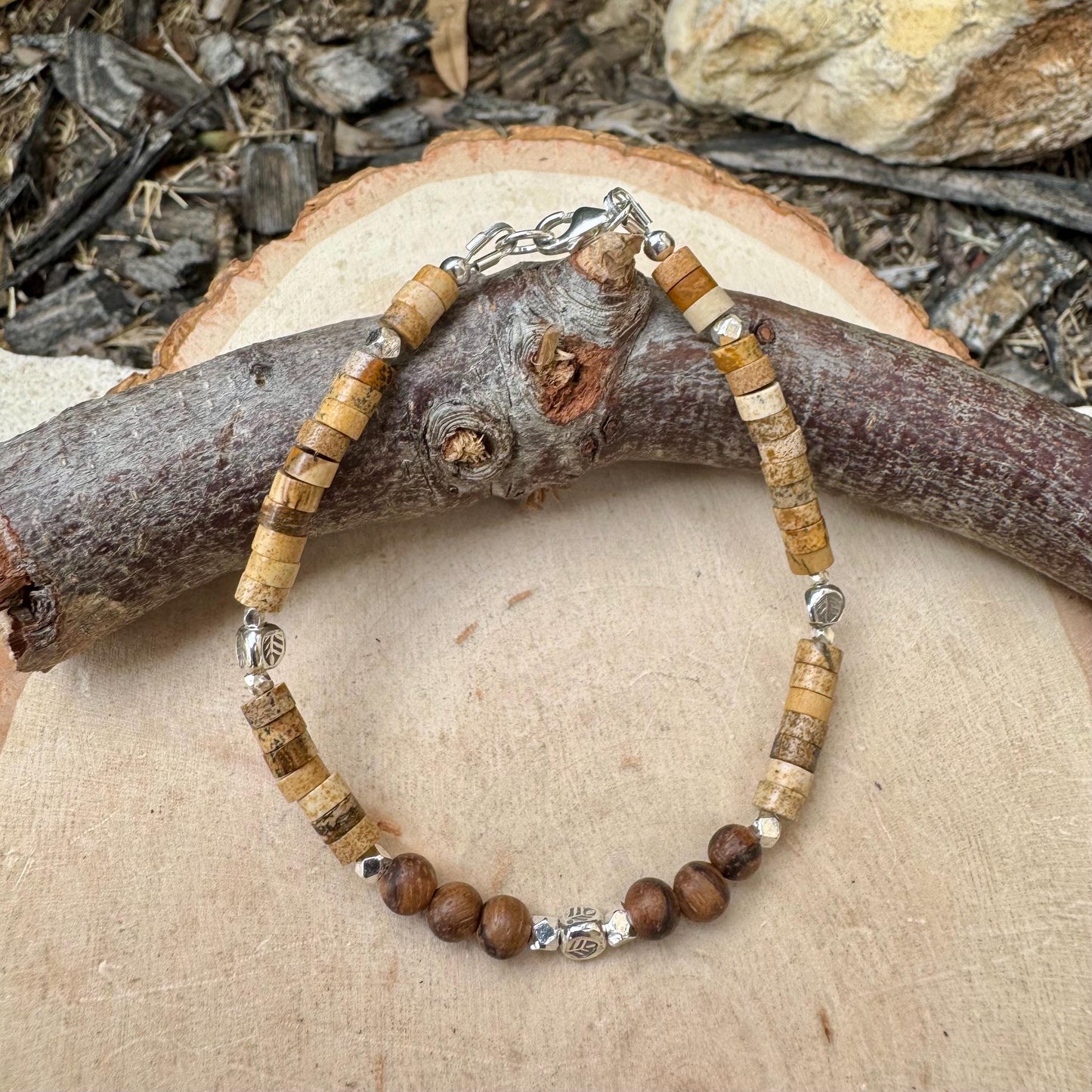 Picture Jasper Sandalwood Bracelet – Sterling Silver Spacers, Stackable Dainty Gemstone Jewelry