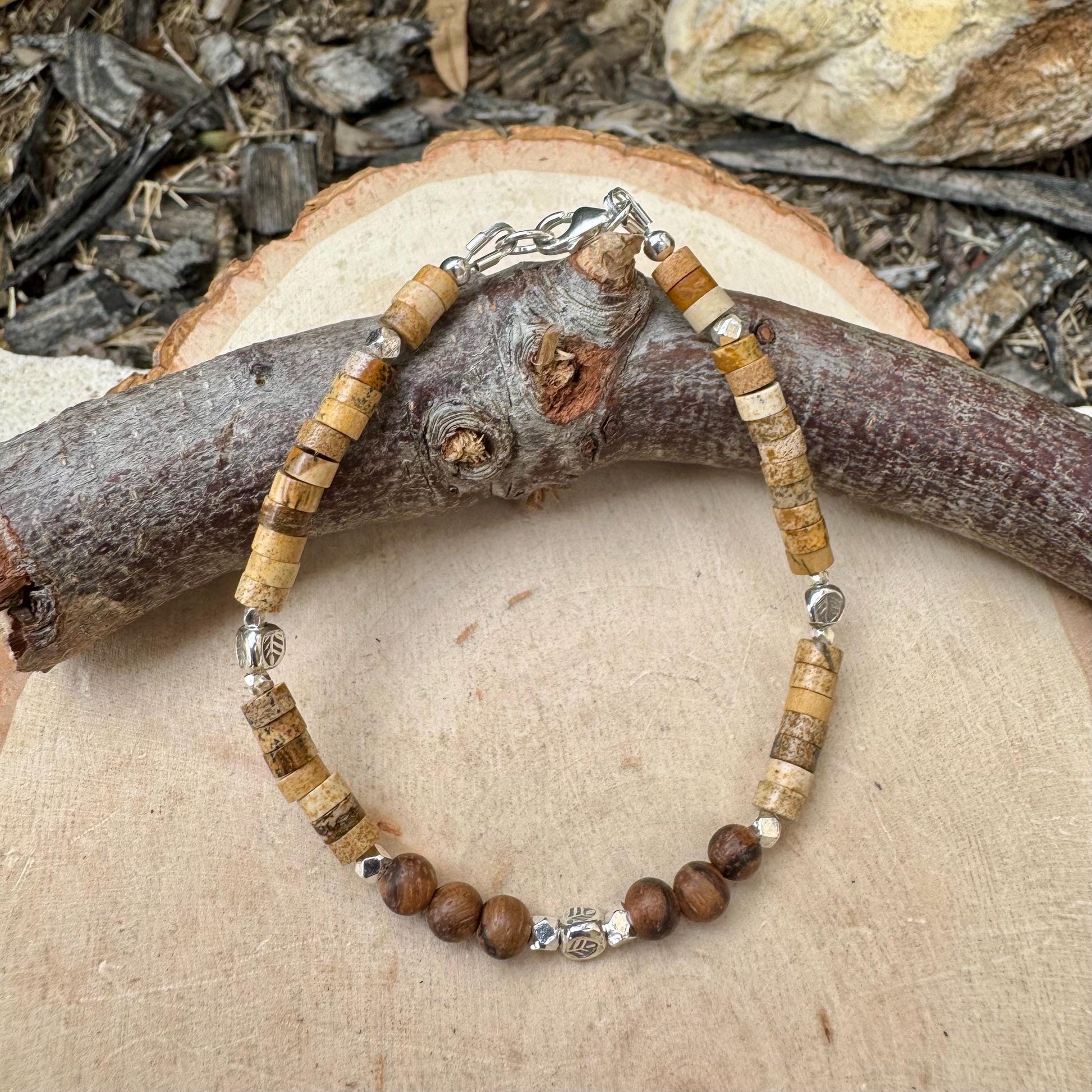 Picture Jasper Sandalwood Bracelet – Sterling Silver Spacers, Stackable Dainty Gemstone Jewelry