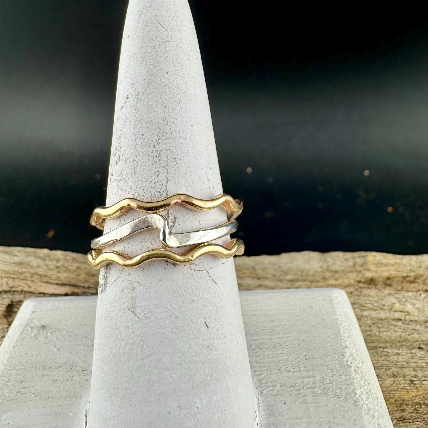 Sterling Silver & Brass Wave Rings • Mixed Metal Stacking Trio