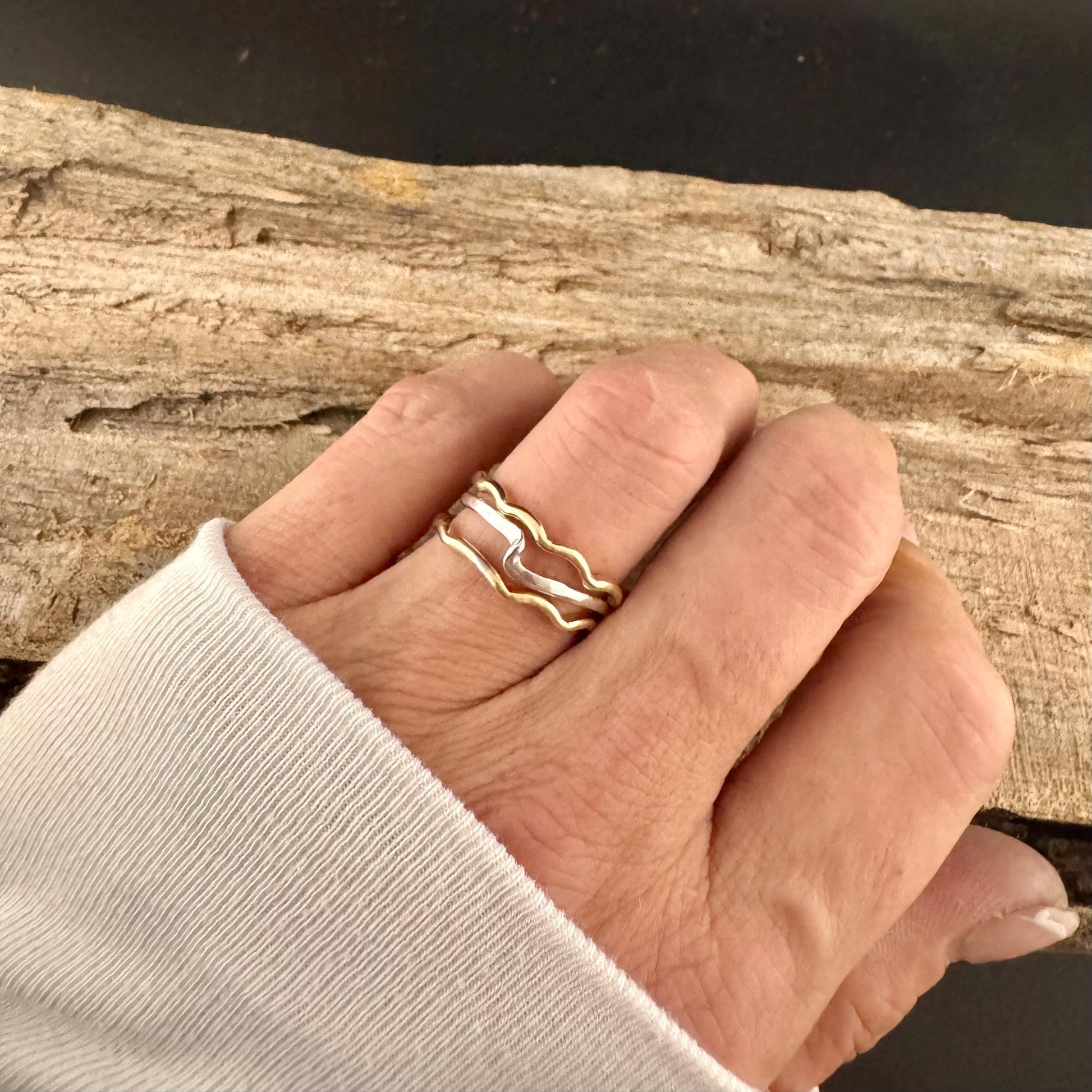 Sterling Silver & Brass Wave Rings • Mixed Metal Stacking Trio