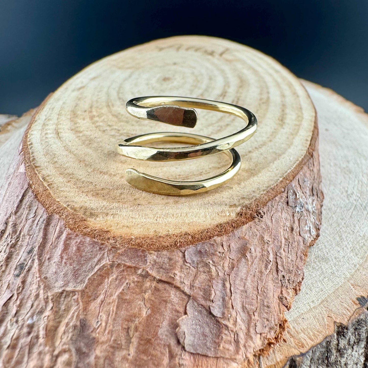 Brass Double Coil Ring • Hand‑Forged Bypass Band • Minimalist Gold‑Tone Jewelry