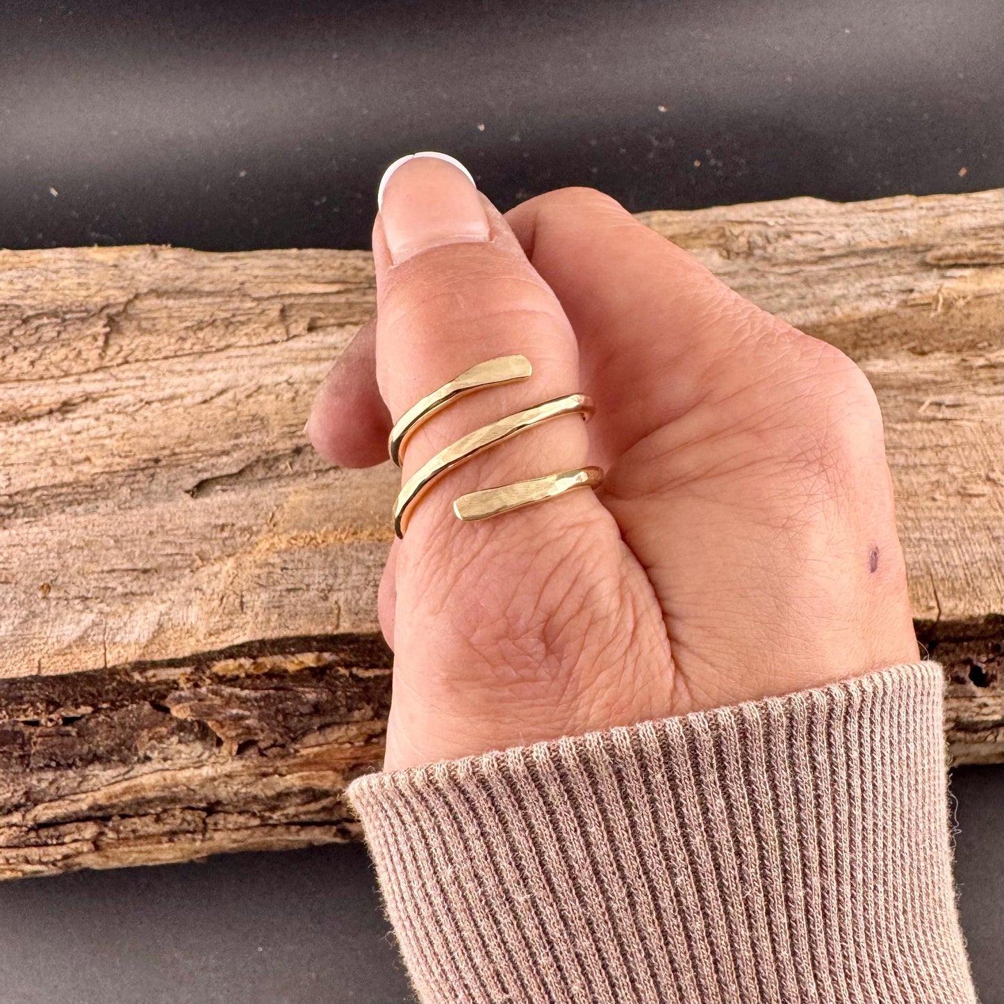 Brass Double Coil Ring • Hand‑Forged Bypass Band • Minimalist Gold‑Tone Jewelry