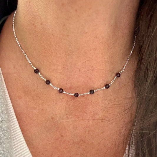 Garnet Sterling Silver Chain Bar Necklace, Unique Gemstone Necklace