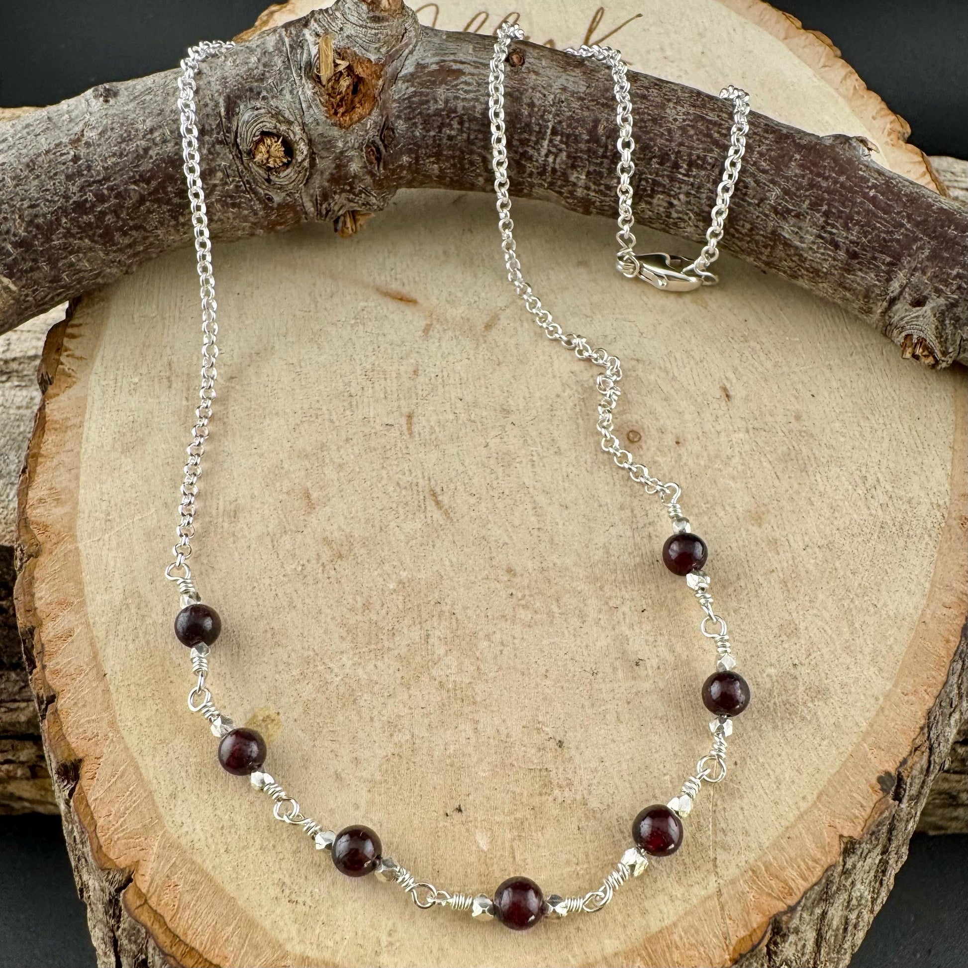 Garnet Sterling Silver Chain Bar Necklace, Unique Gemstone Necklace