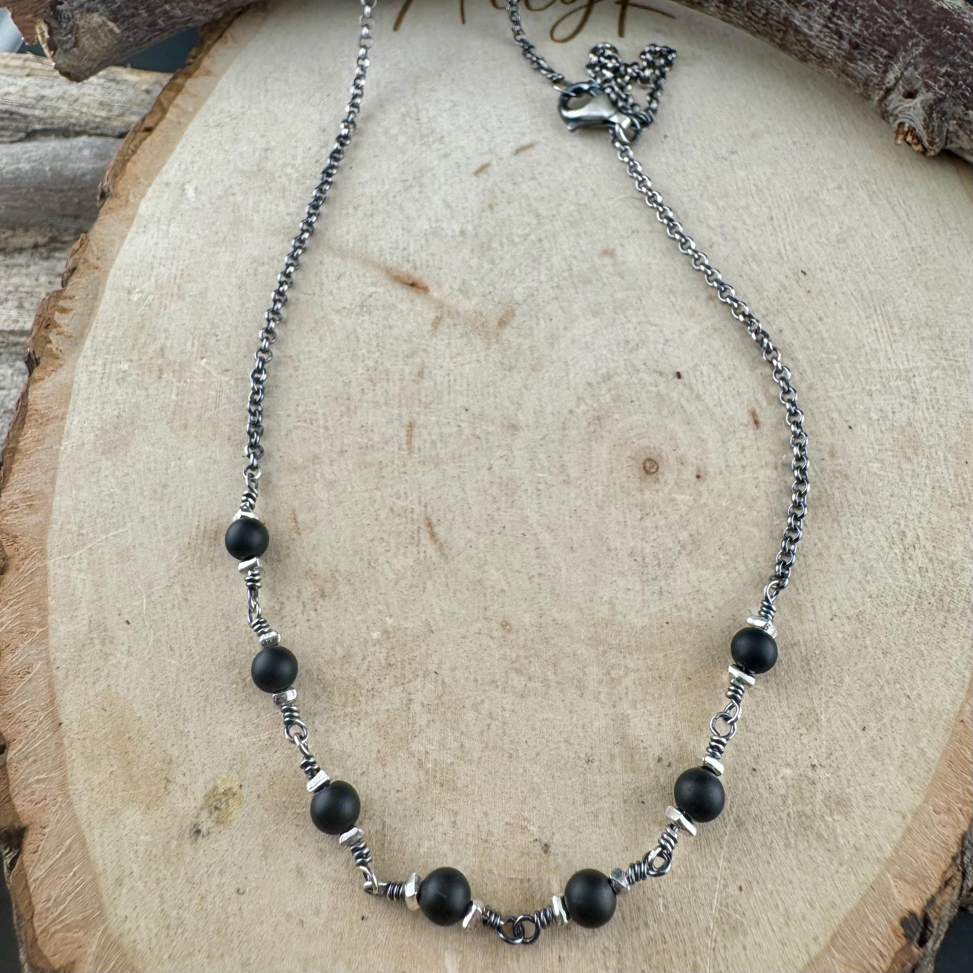 Onyx & Sterling Silver Wrap Necklace | Elegant Gemstone Statement Piece