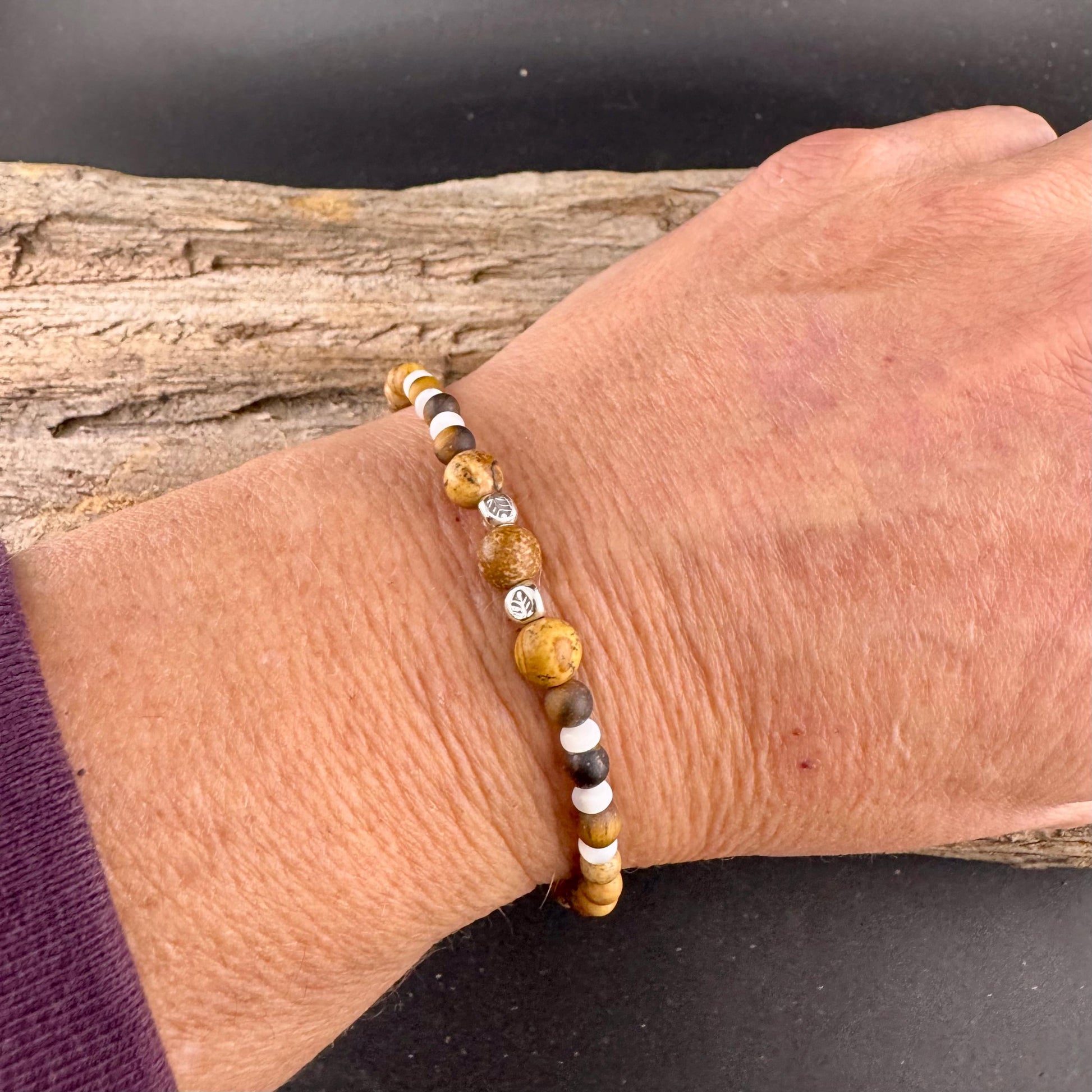 Picture Jasper Tiger Eye Stretch Bracelet – Sterling Silver Spacers, Stackable Dainty Gemstone Jewelry