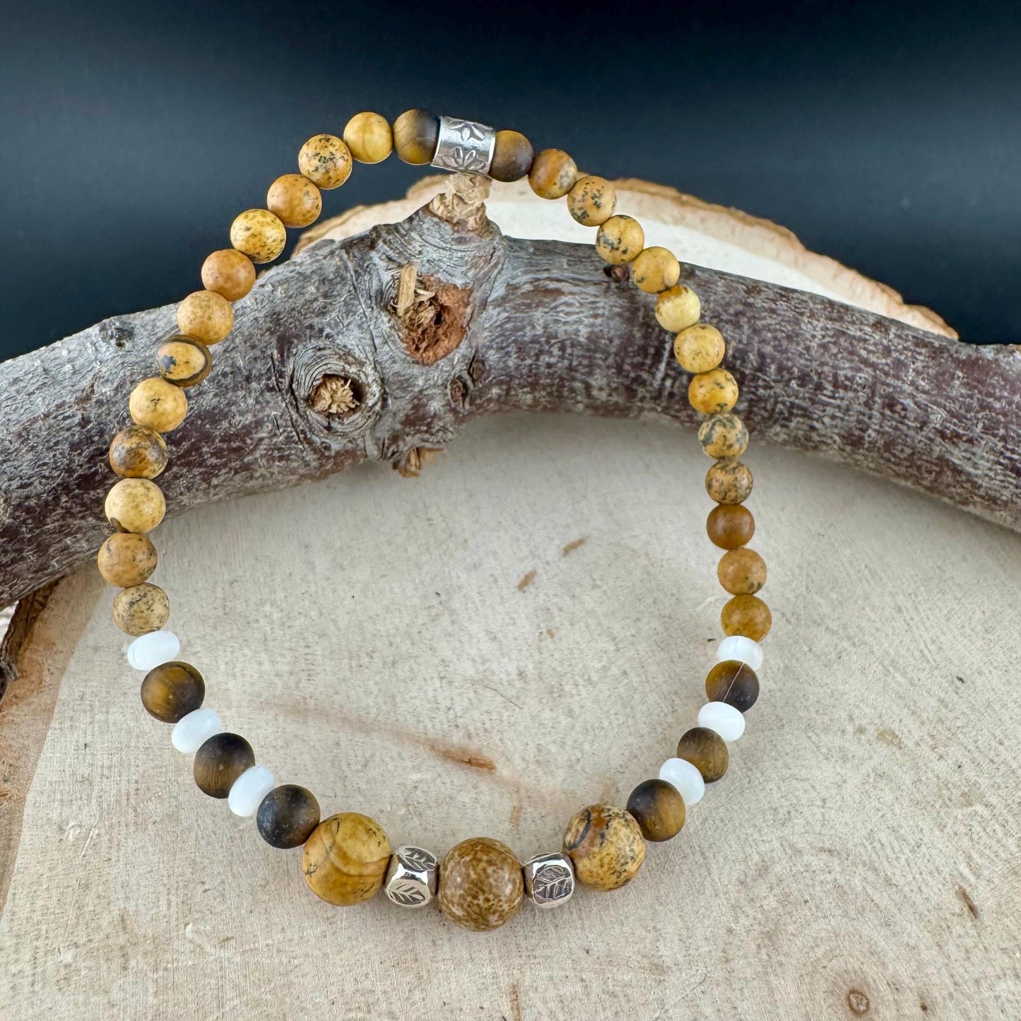 Picture Jasper Tiger Eye Stretch Bracelet – Sterling Silver Spacers, Stackable Dainty Gemstone Jewelry