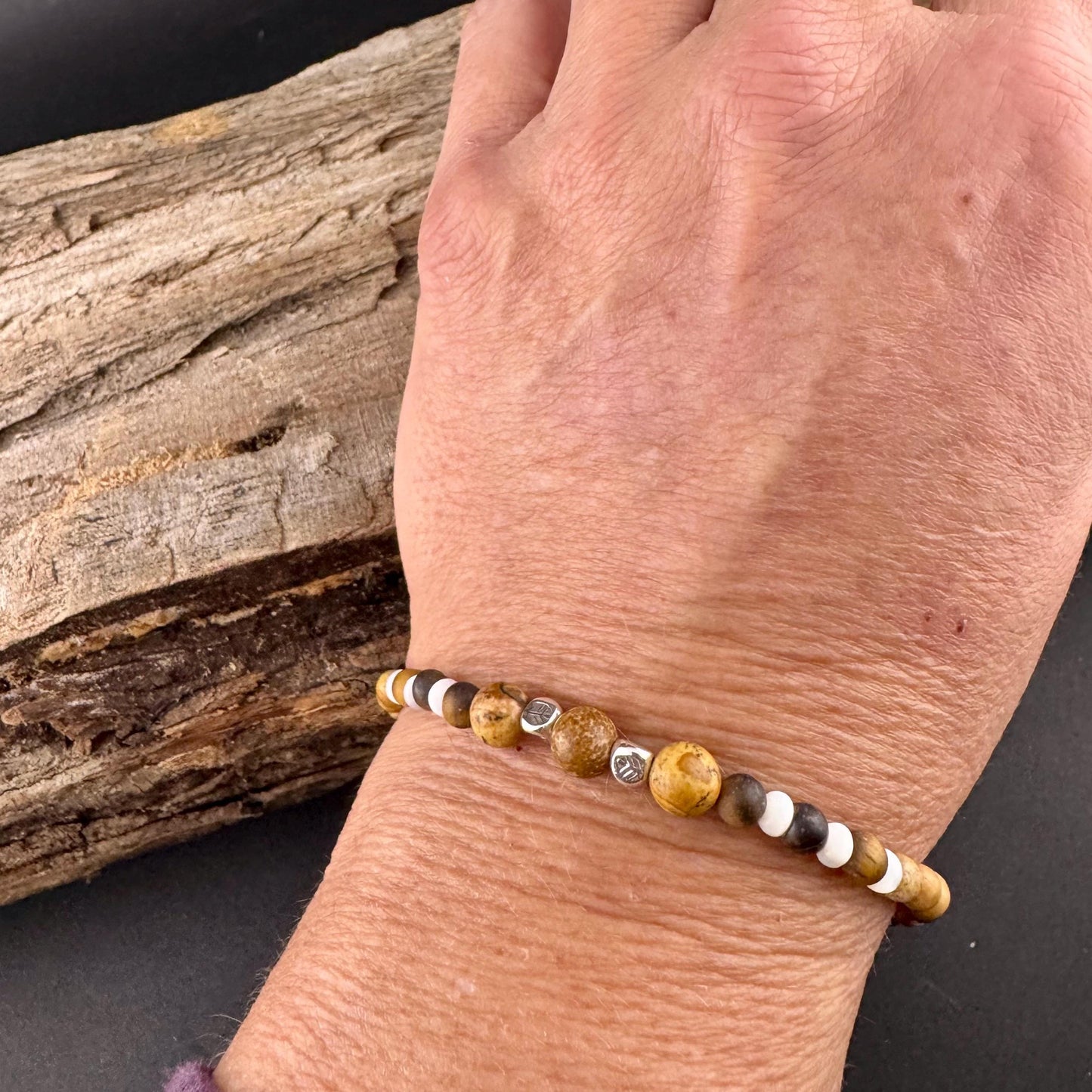 Picture Jasper Tiger Eye Stretch Bracelet – Sterling Silver Spacers, Stackable Dainty Gemstone Jewelry