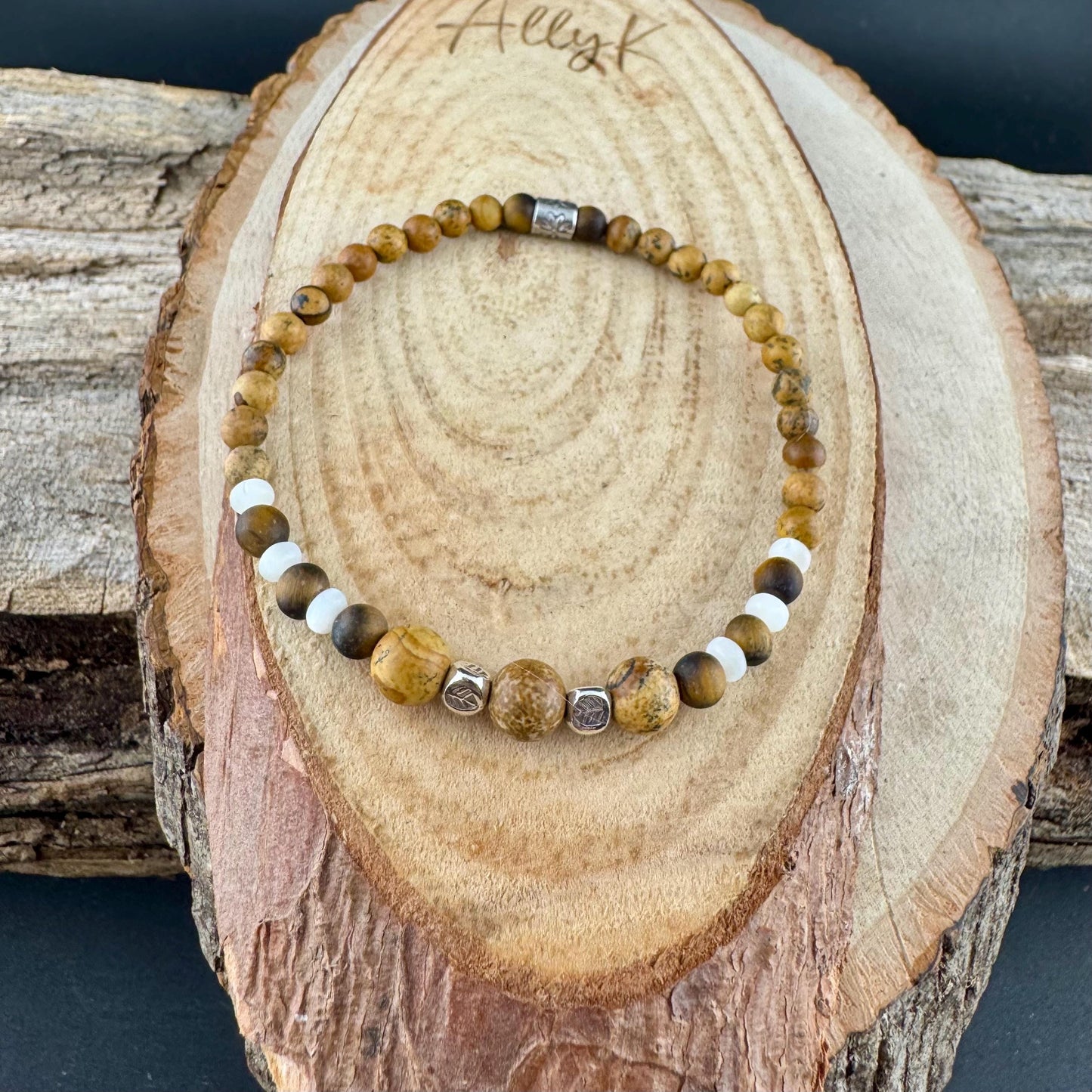 Picture Jasper Tiger Eye Stretch Bracelet – Sterling Silver Spacers, Stackable Dainty Gemstone Jewelry