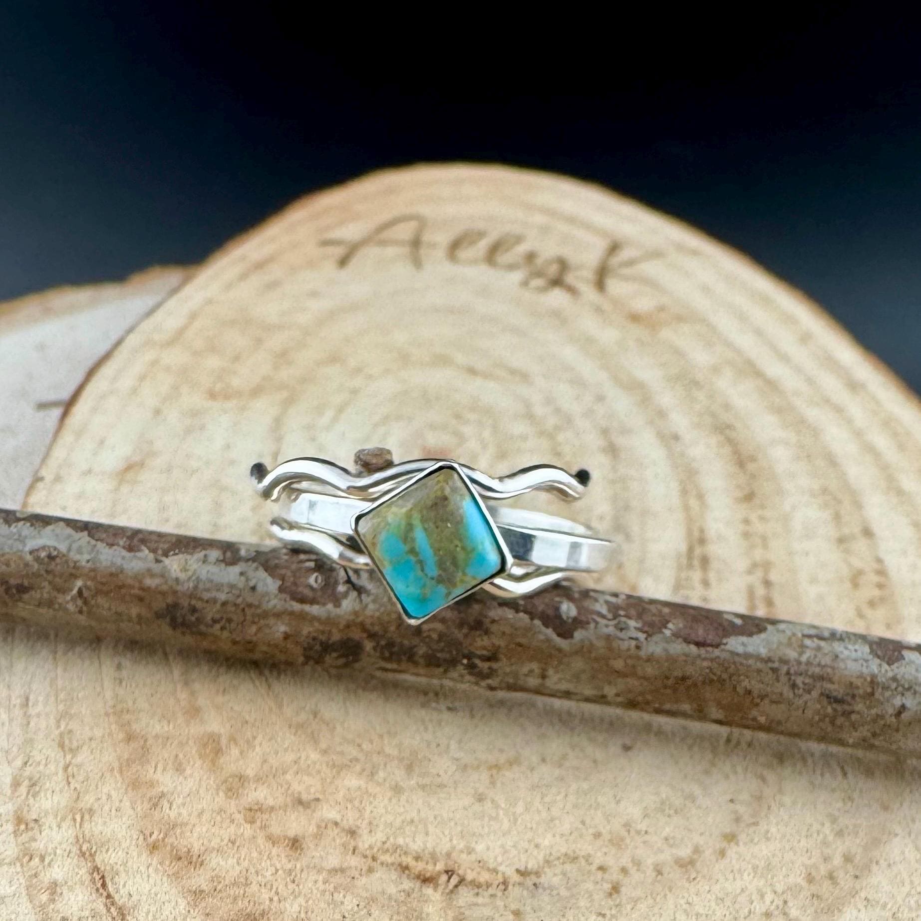 Turquoise Sterling Silver Dainty Stacking Rings Set of 3 - Hammered & Smooth Finish