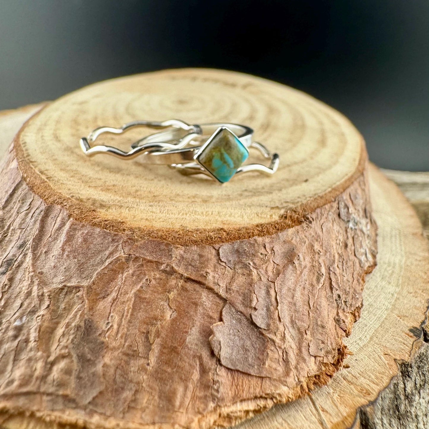 Turquoise Sterling Silver Dainty Stacking Rings Set of 3 - Hammered & Smooth Finish