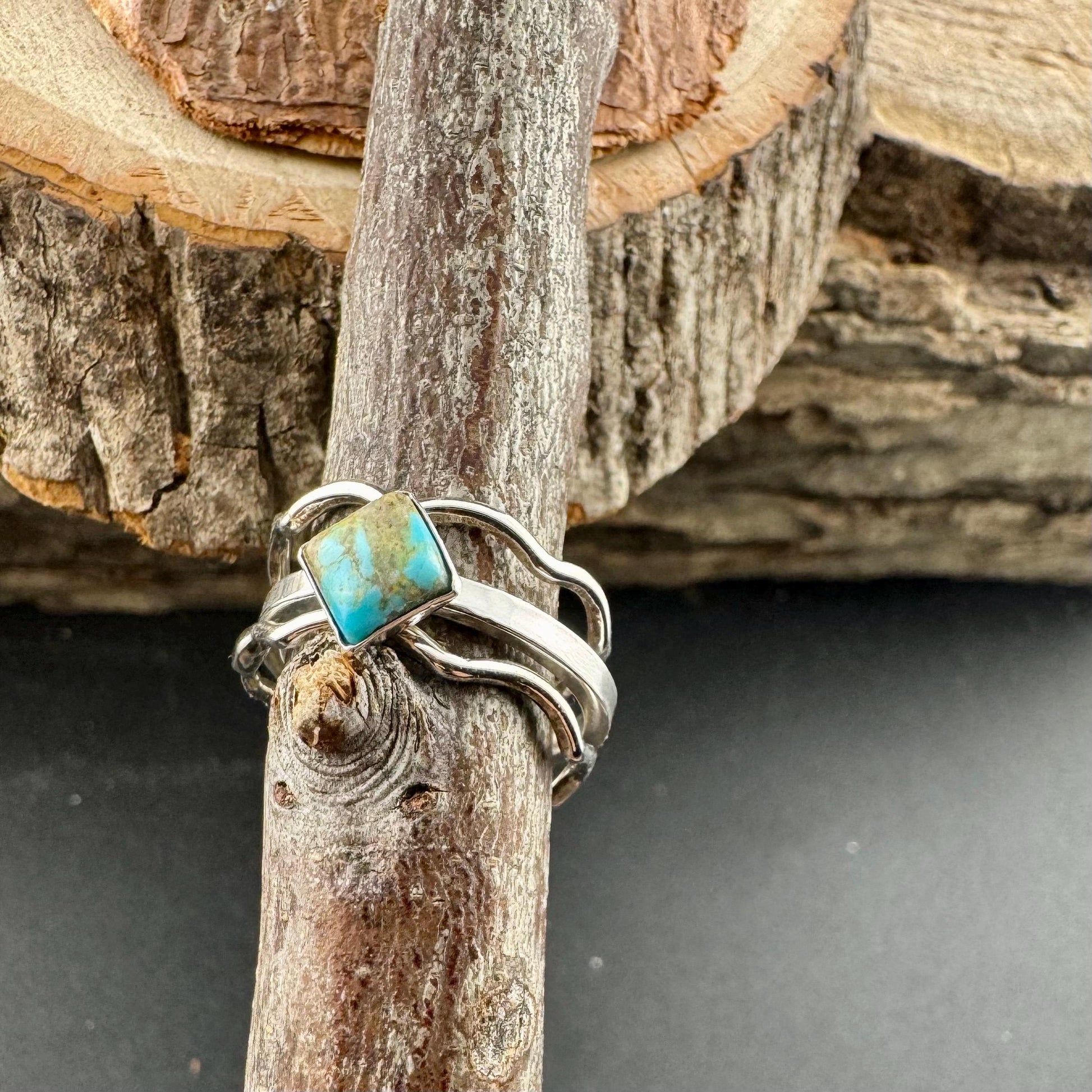 Turquoise Sterling Silver Dainty Stacking Rings Set of 3 - Hammered & Smooth Finish