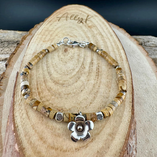 Picture Jasper Bracelet with Sterling Silver Flower Charm - Stackable Boho Gemstone Jewelry