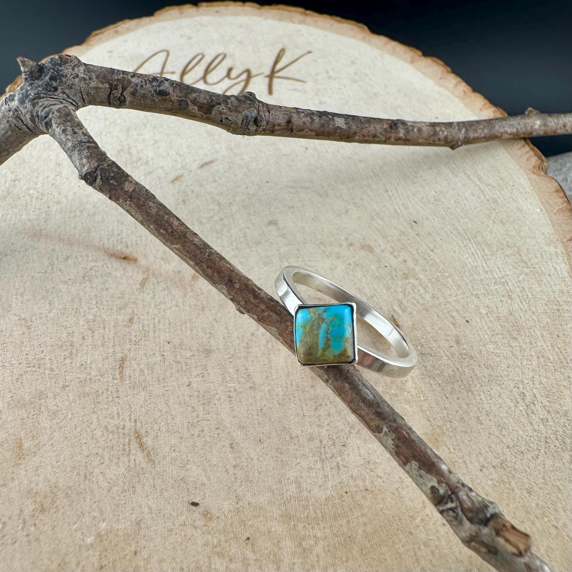 Turquoise Sterling Silver Bezel Band- Hammered & Smooth Finish