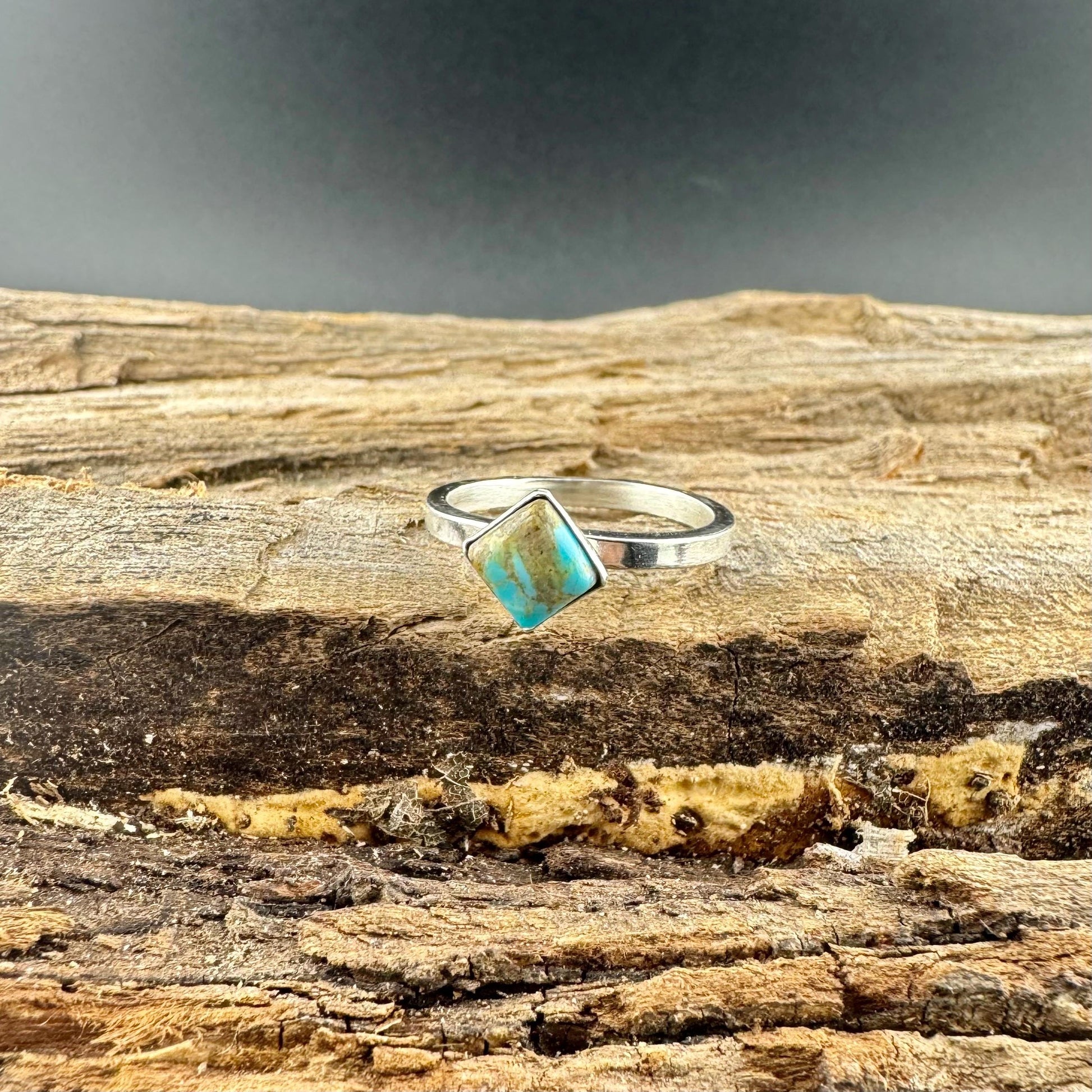 Turquoise Sterling Silver Bezel Band- Hammered & Smooth Finish