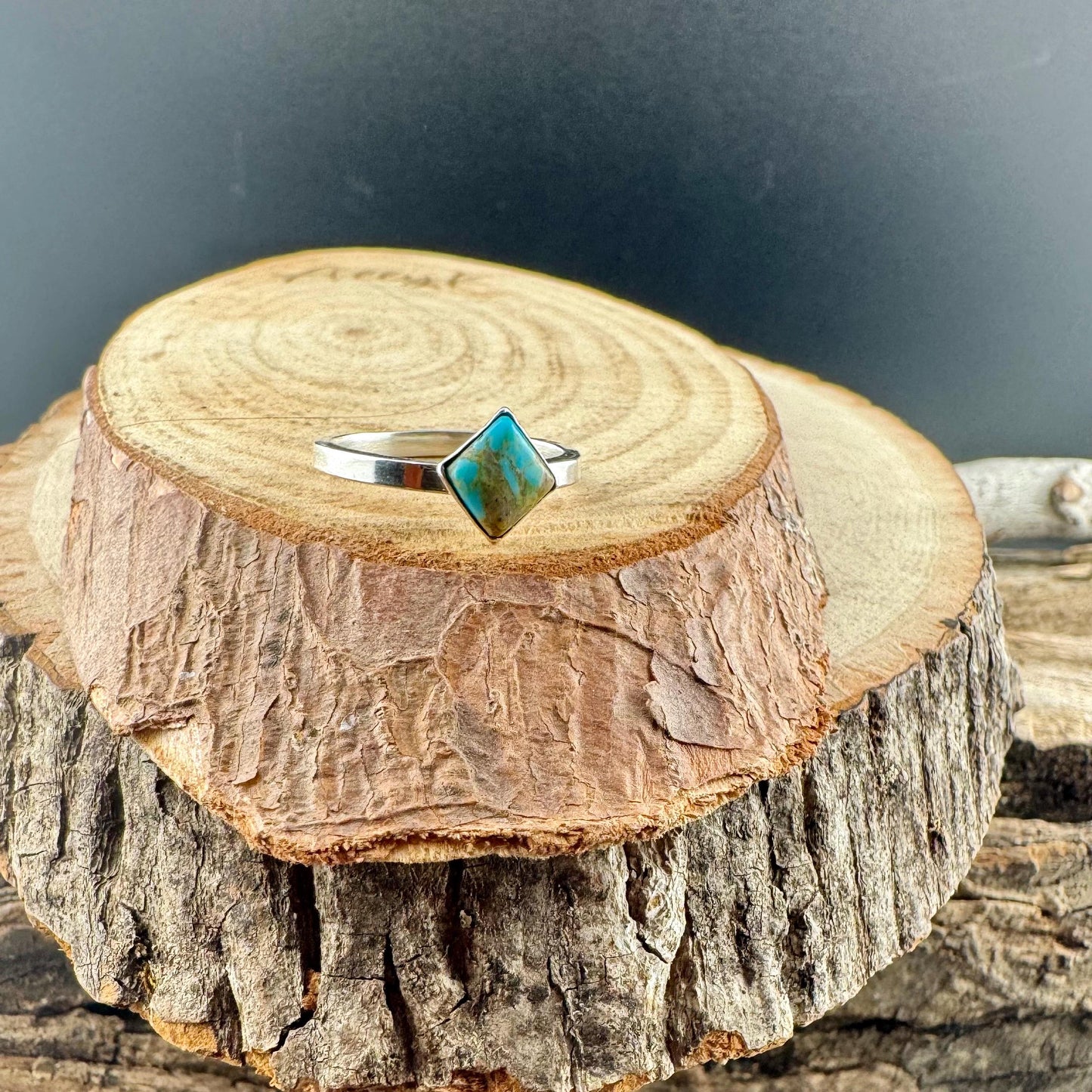 Turquoise Sterling Silver Bezel Band- Hammered & Smooth Finish