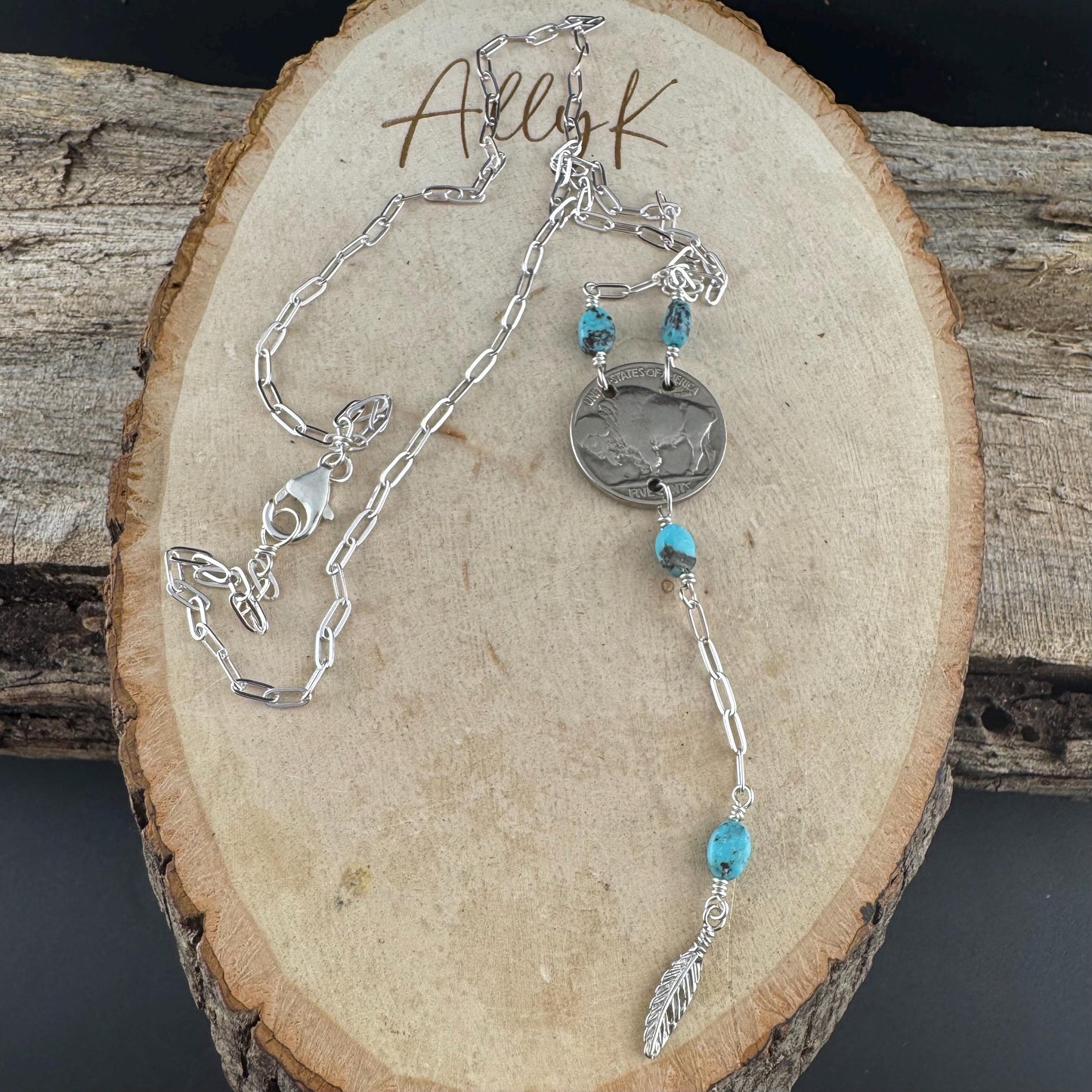 Buffalo Nickel Lariat Necklace – Royston Turquoise, Sterling Silver Feather, Vintage Southwest Jewelry