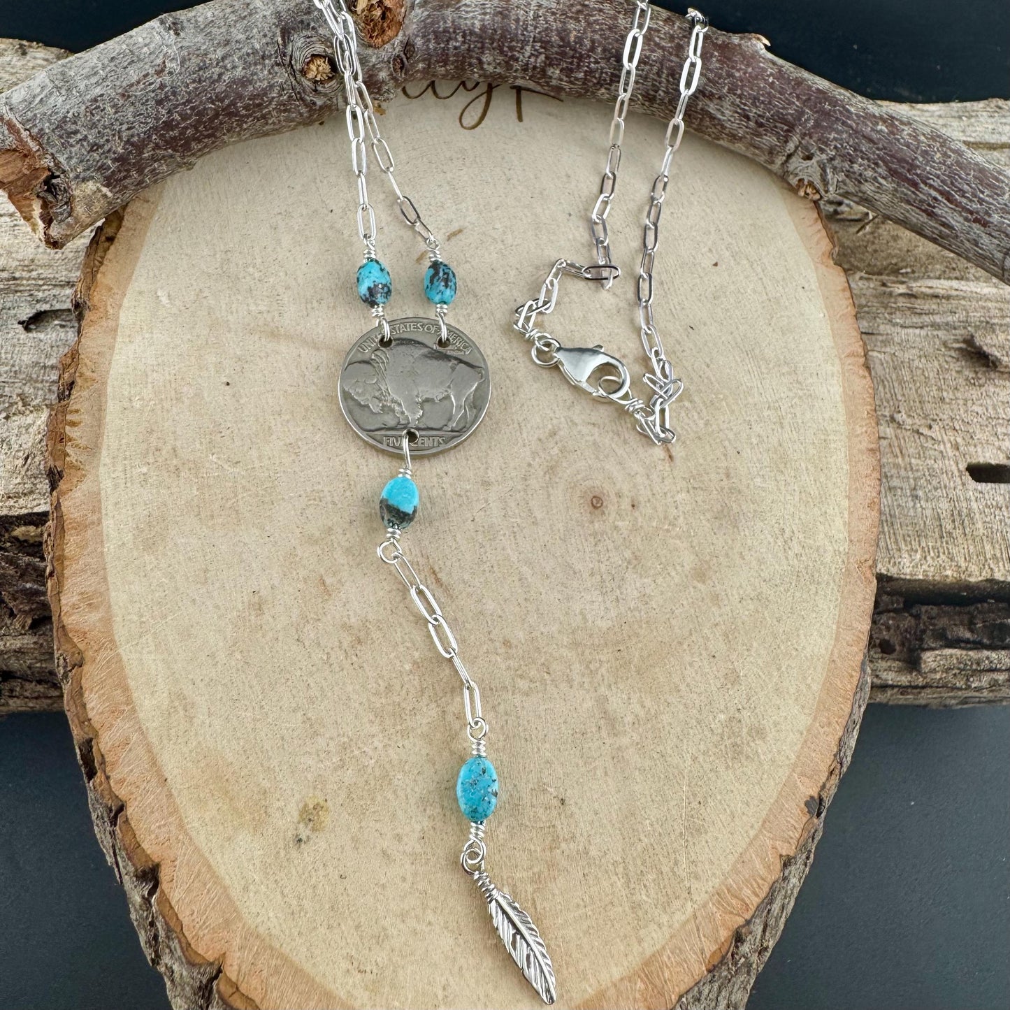Buffalo Nickel Lariat Necklace – Royston Turquoise, Sterling Silver Feather, Vintage Southwest Jewelry
