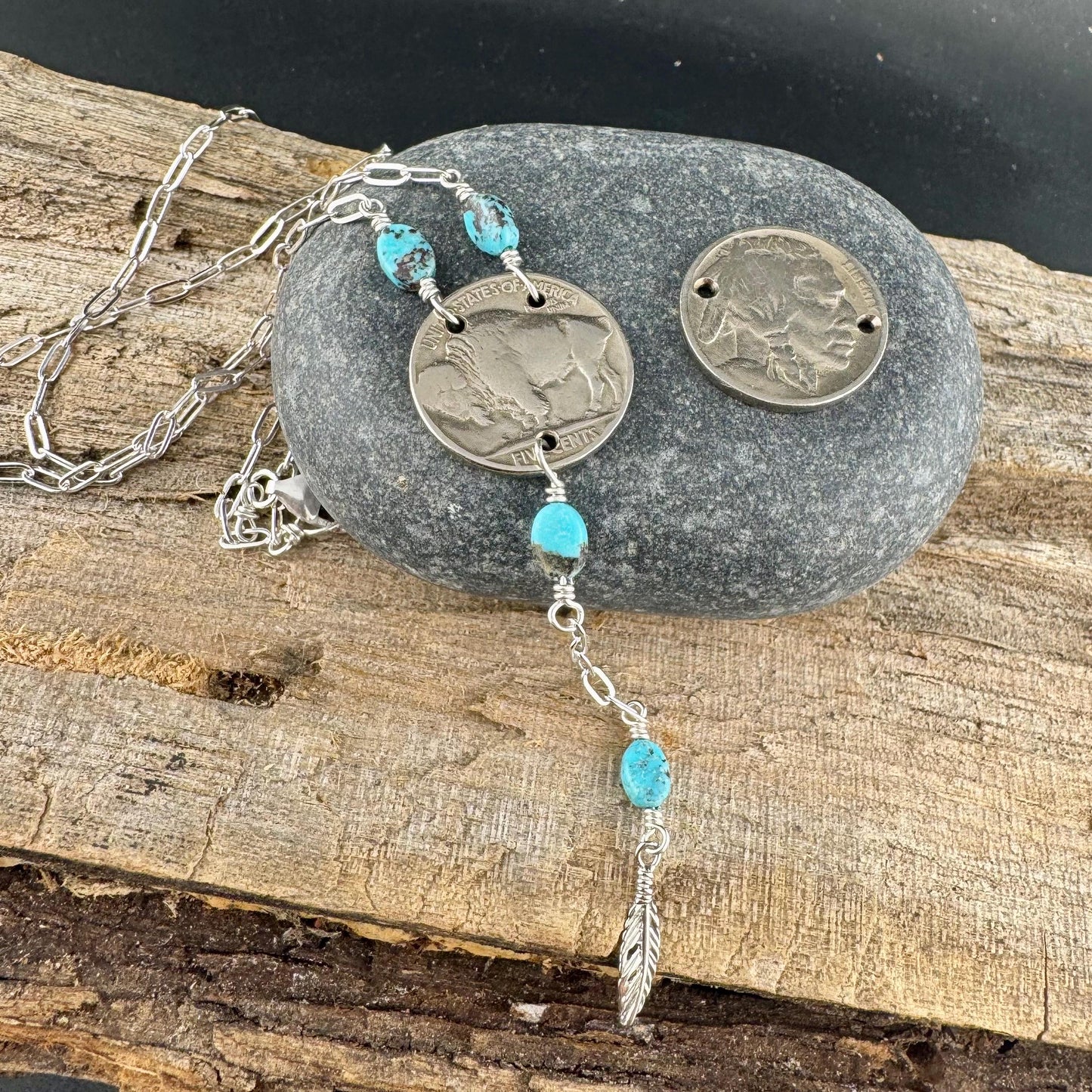 Buffalo Nickel Lariat Necklace – Royston Turquoise, Sterling Silver Feather, Vintage Southwest Jewelry