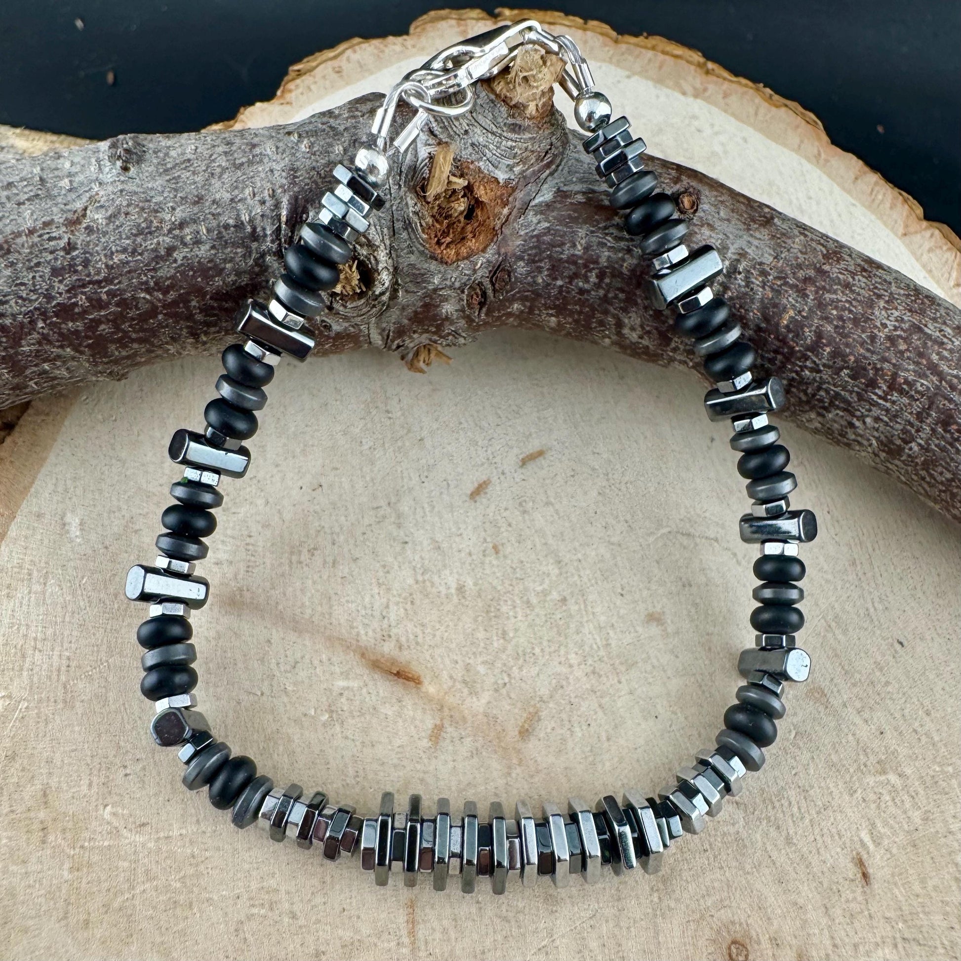 Black Silver Hematite & Onyx Bracelet – Unisex Elegant Unique Sterling Jewelry