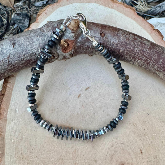 Black Silver Hematite & Onyx Bracelet – Unisex Elegant Unique Sterling Jewelry
