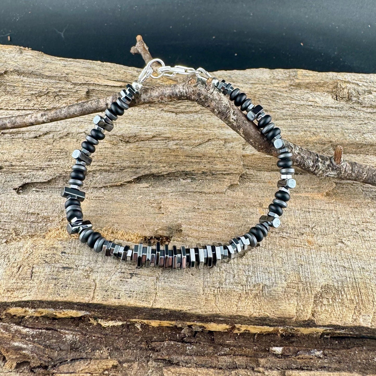 Black Silver Hematite & Onyx Bracelet – Unisex Elegant Unique Sterling Jewelry
