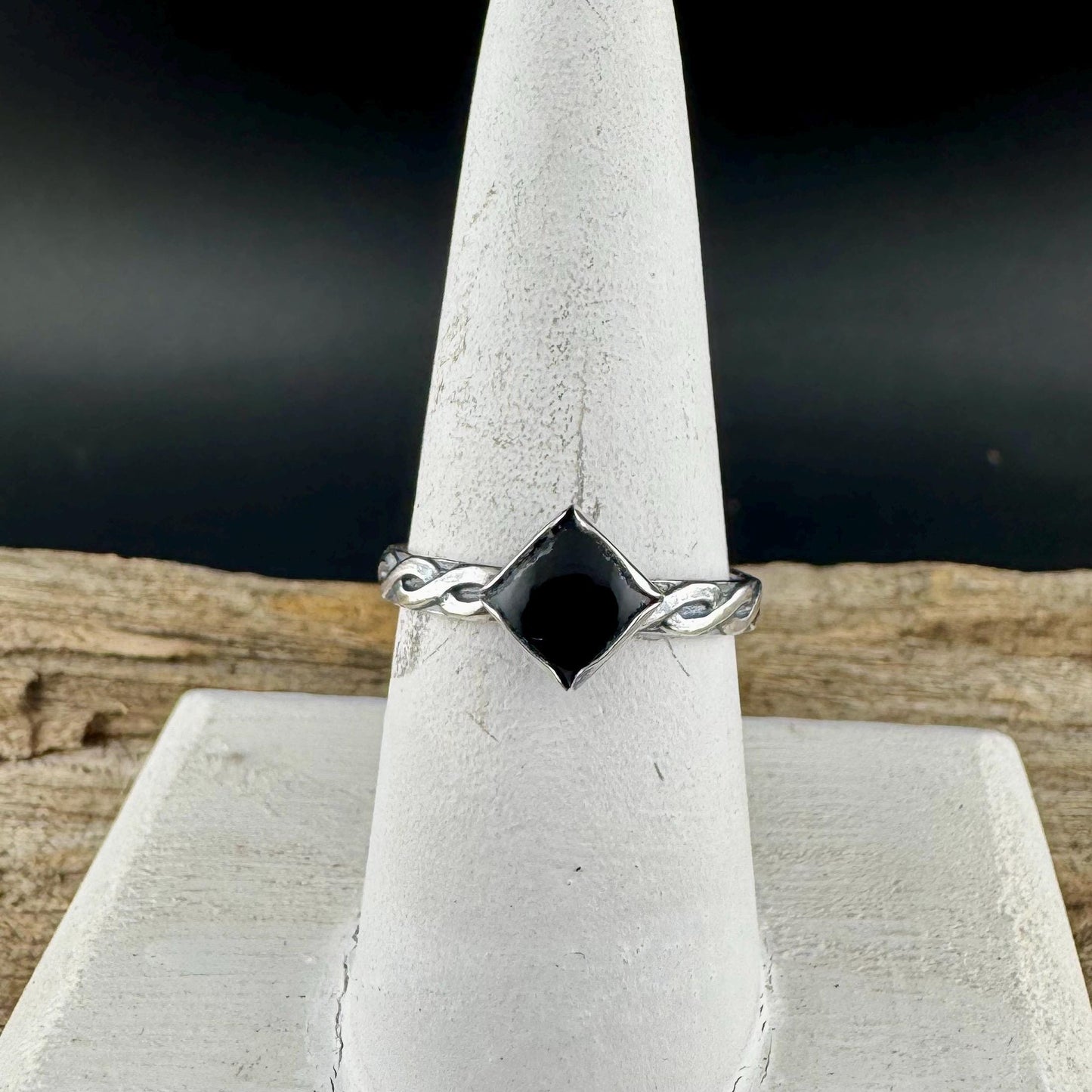 Sterling Silver Onyx Band Ring • Handmade Trinity Rope Twist Design