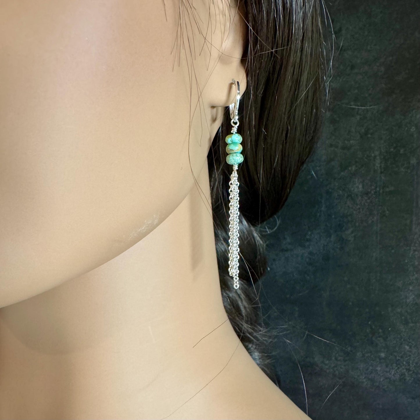 Turquoise Sterling Silver Lever back Hook Earrings: Kingman Huggie Hoop Chain Earrings