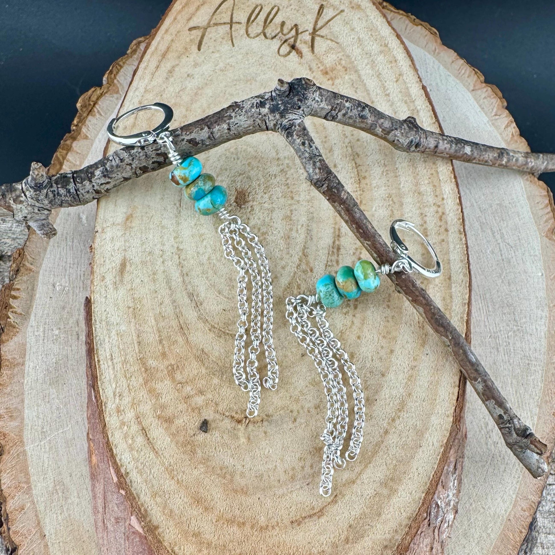 Turquoise Sterling Silver Lever back Hook Earrings: Kingman Huggie Hoop Chain Earrings