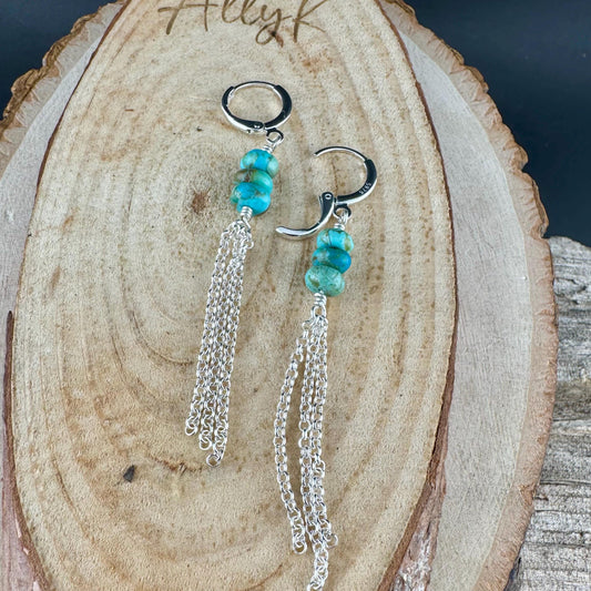 Turquoise Sterling Silver Lever back Hook Earrings: Kingman Huggie Hoop Chain Earrings