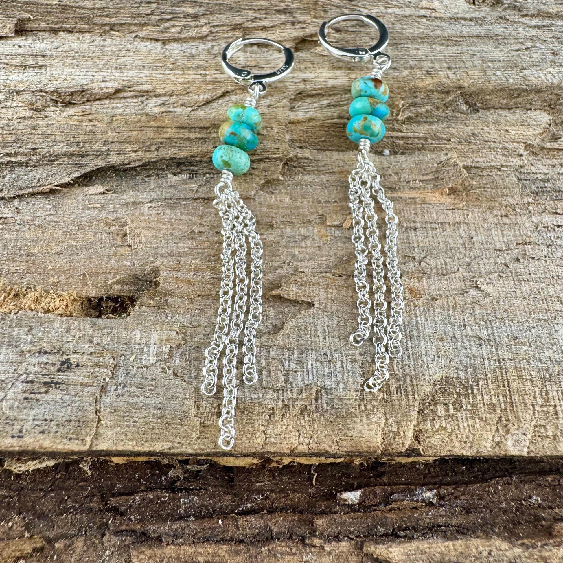 Turquoise Sterling Silver Lever back Hook Earrings: Kingman Huggie Hoop Chain Earrings