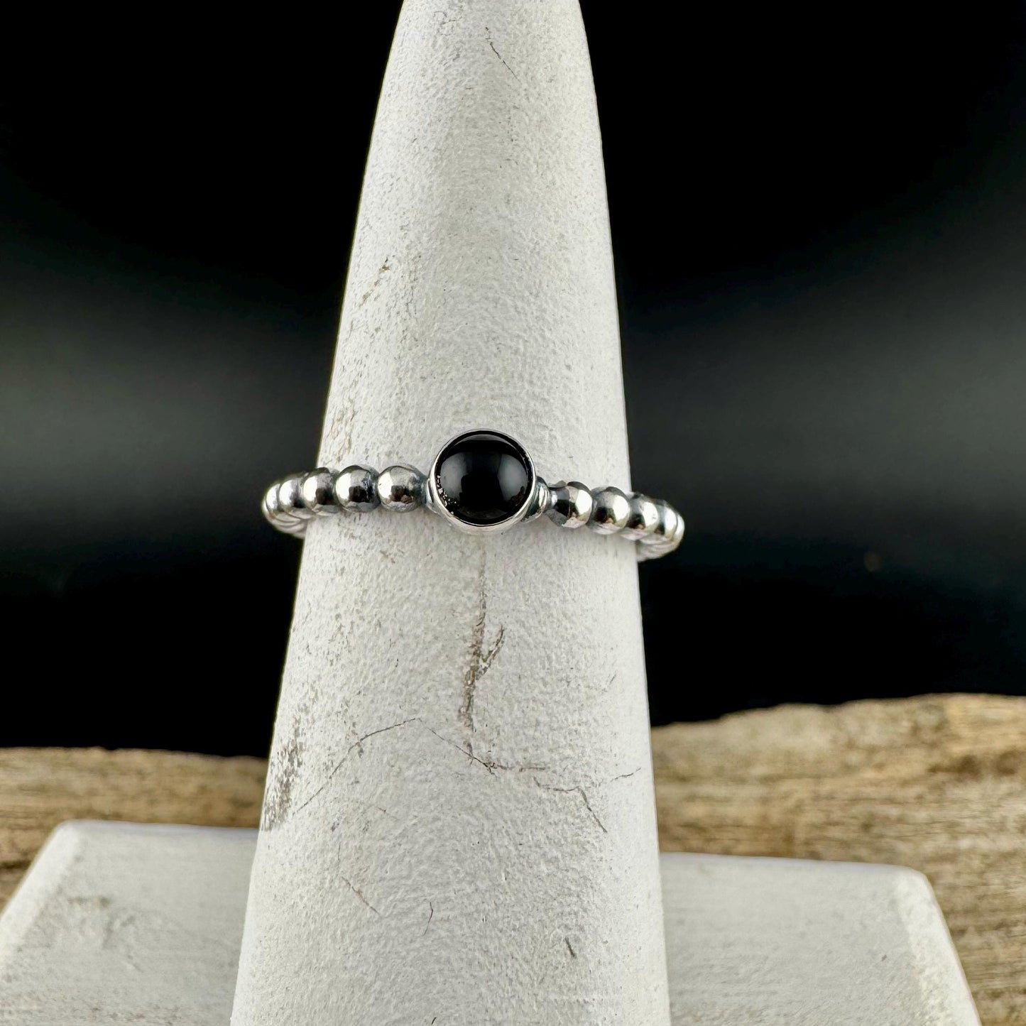 Sterling Silver Black Onyx Cabochon Ring | Minimalist Beaded Wire Stackable Band