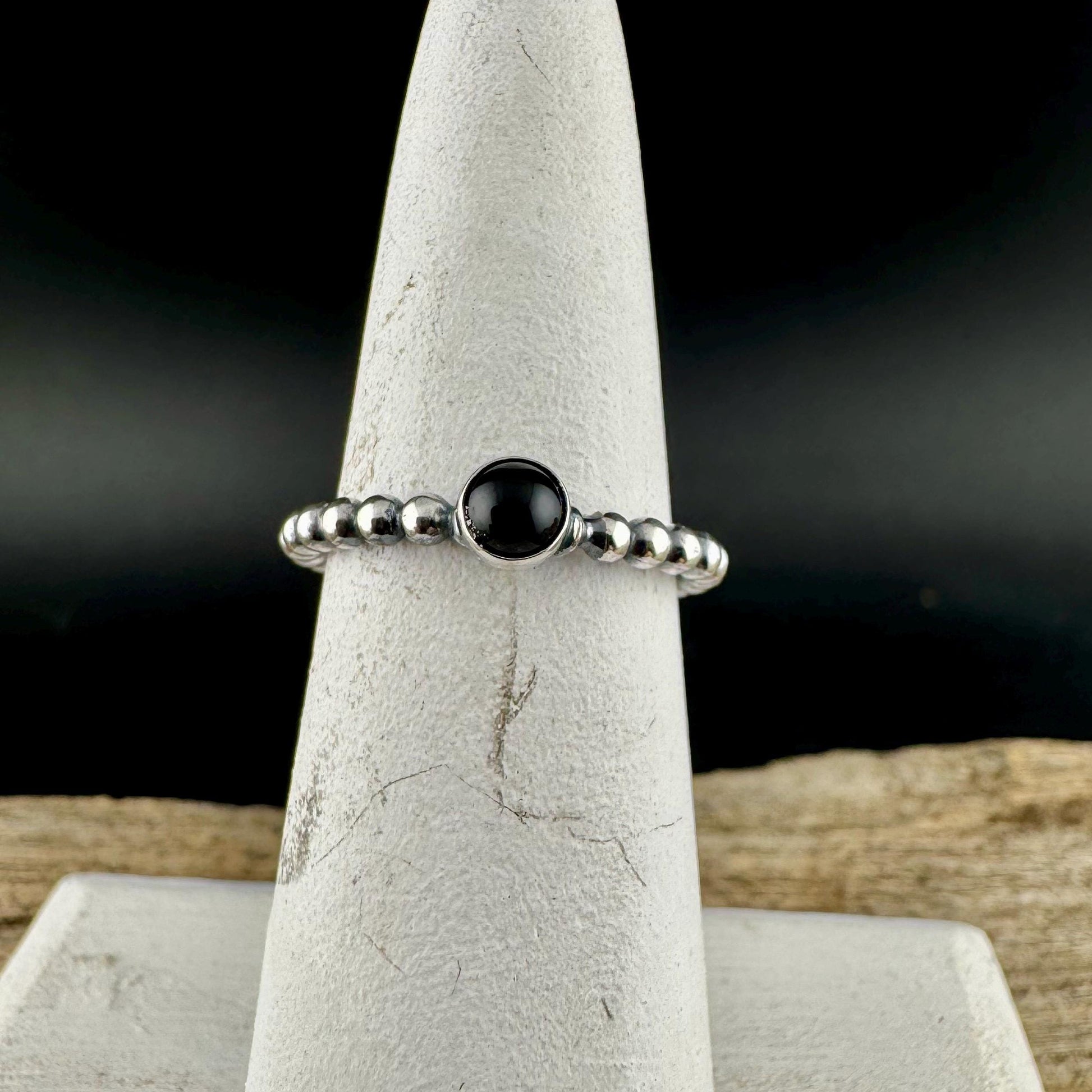 Sterling Silver Black Onyx Cabochon Ring | Minimalist Beaded Wire Stackable Band