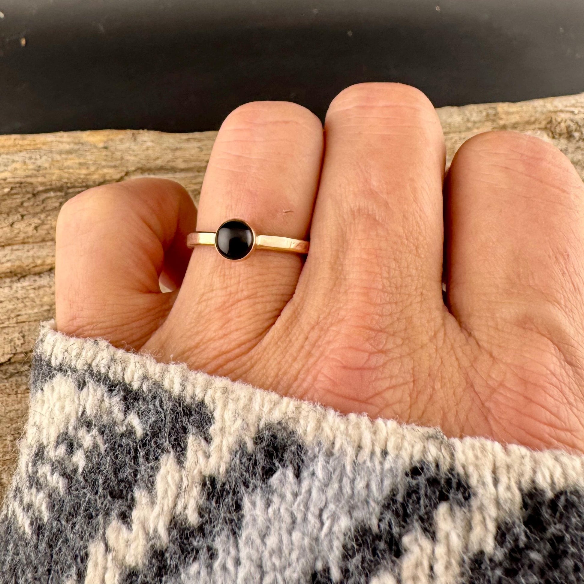 Handcrafted Embossed Brass Ring with Black Onyx or Turquoise Cabochon