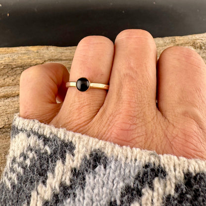 Handcrafted Embossed Brass Ring with Black Onyx or Turquoise Cabochon