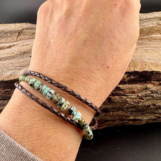 African Turquoise Multi Wrap Bracelet | Braided Leather & Sterling Silver Cuff | Unisex Design