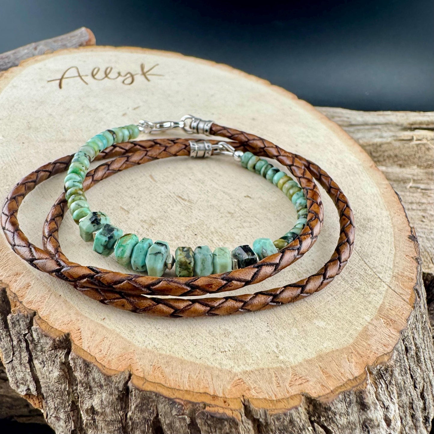 African Turquoise Multi Wrap Bracelet | Braided Leather & Sterling Silver Cuff | Unisex Design