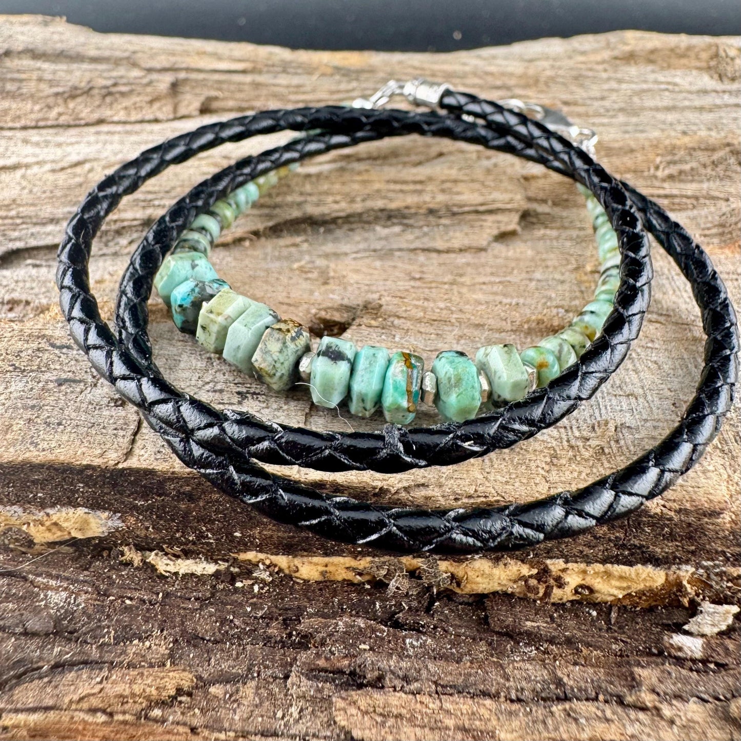 African Turquoise Multi Wrap Bracelet | Braided Leather & Sterling Silver Cuff | Unisex Design