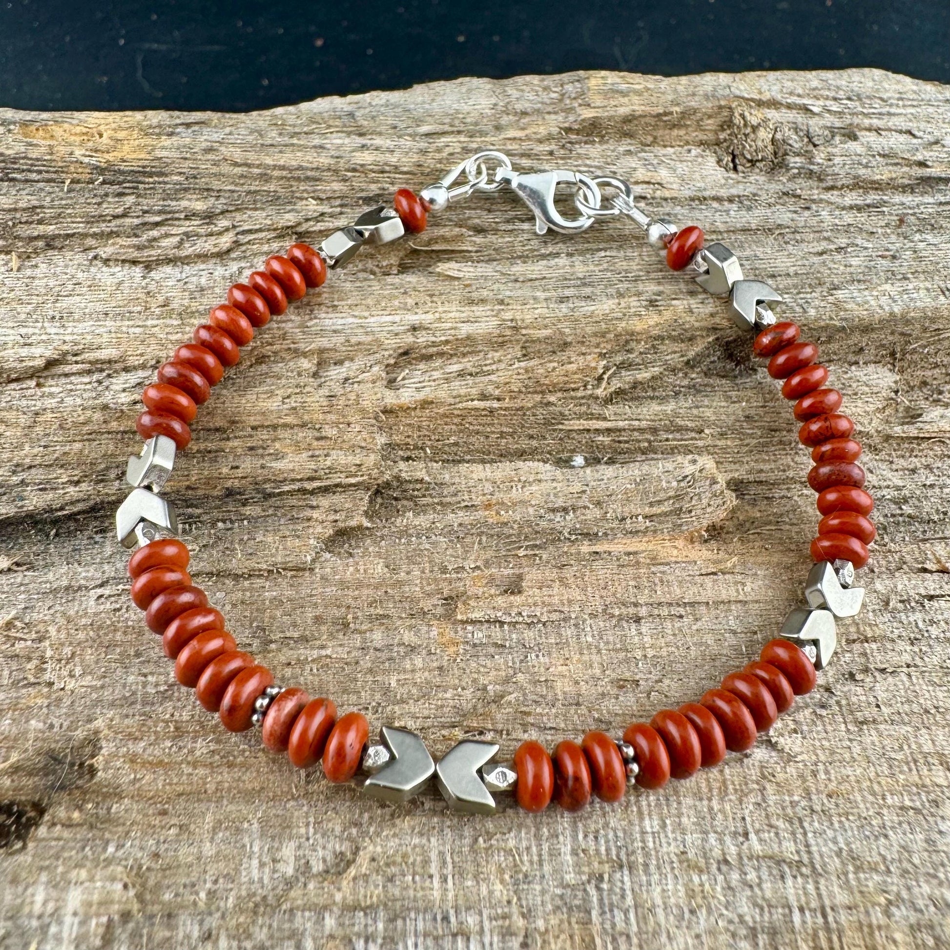 Stackable Red Jasper & Hematite Bracelet – Sterling Silver Beaded Gemstone Accessory