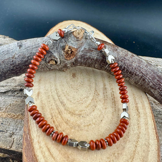 Stackable Red Jasper & Hematite Bracelet – Sterling Silver Beaded Gemstone Accessory
