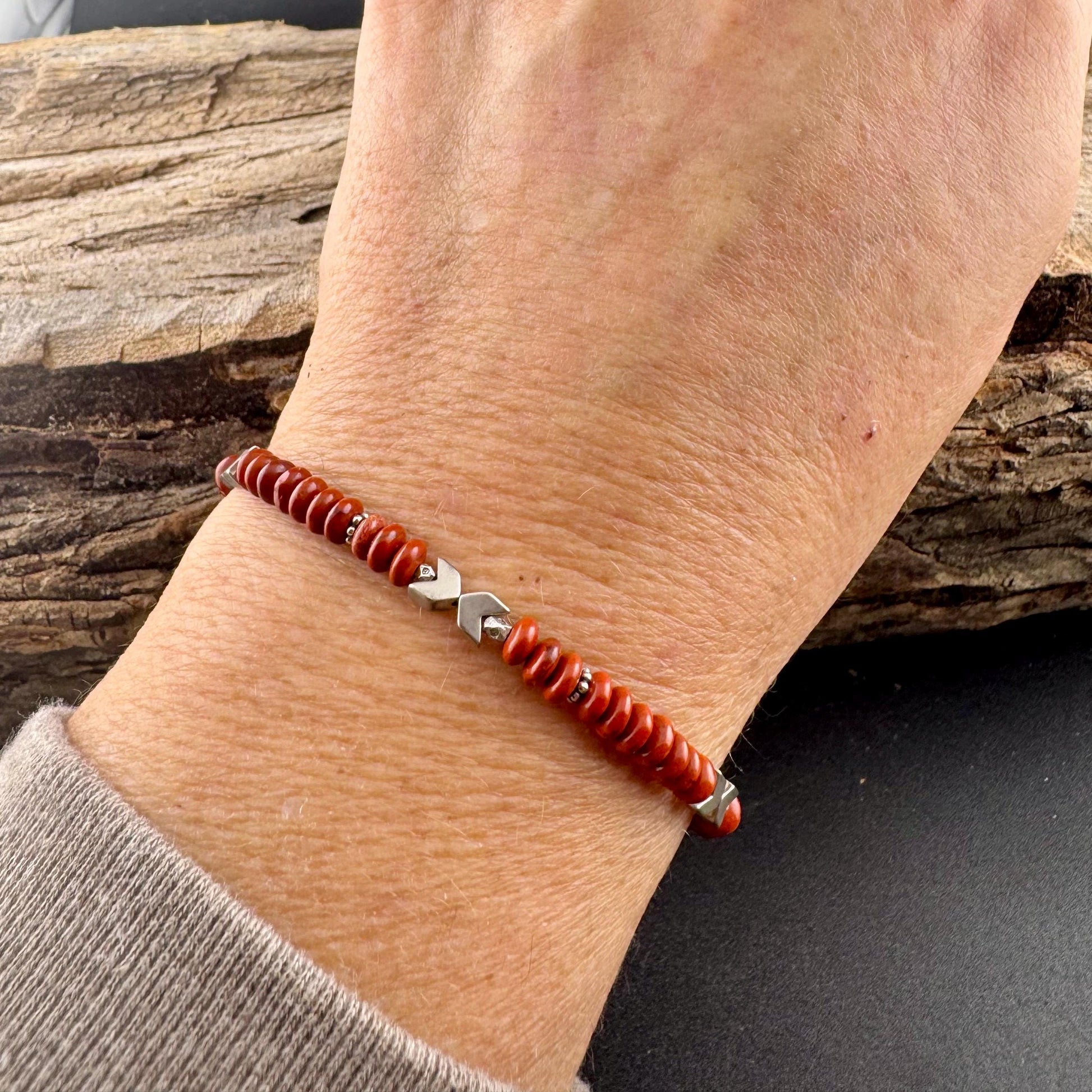 Stackable Red Jasper & Hematite Bracelet – Sterling Silver Beaded Gemstone Accessory