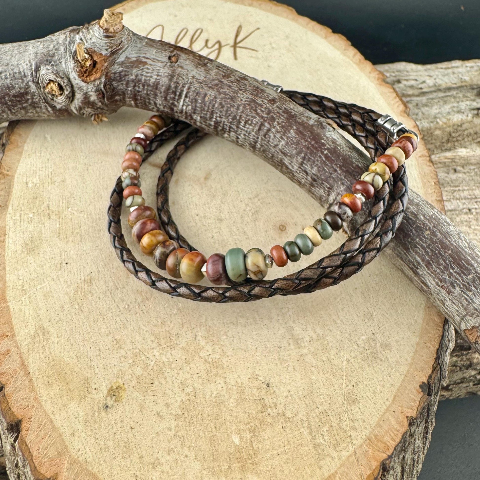 Picasso Jasper Braided Leather Multi Wrap Bracelet - Unisex Sterling Silver Cuff