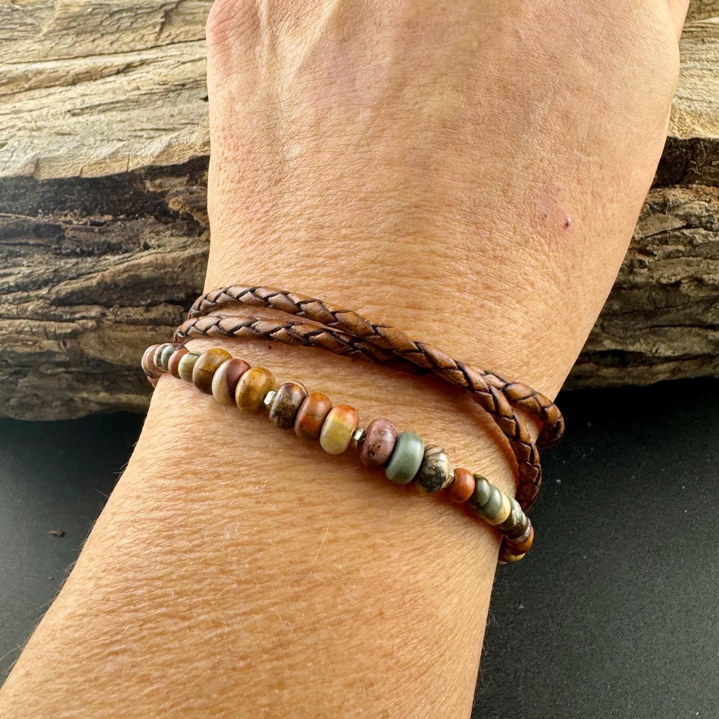 Picasso Jasper Braided Leather Multi Wrap Bracelet - Unisex Sterling Silver Cuff