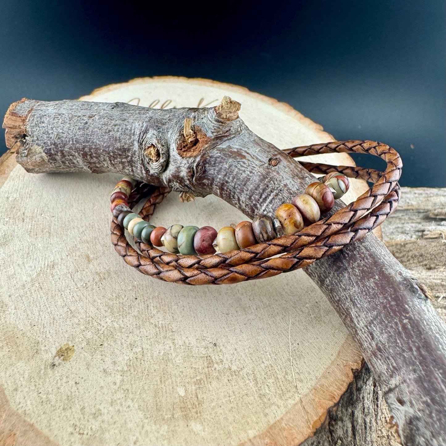 Picasso Jasper Braided Leather Multi Wrap Bracelet - Unisex Sterling Silver Cuff